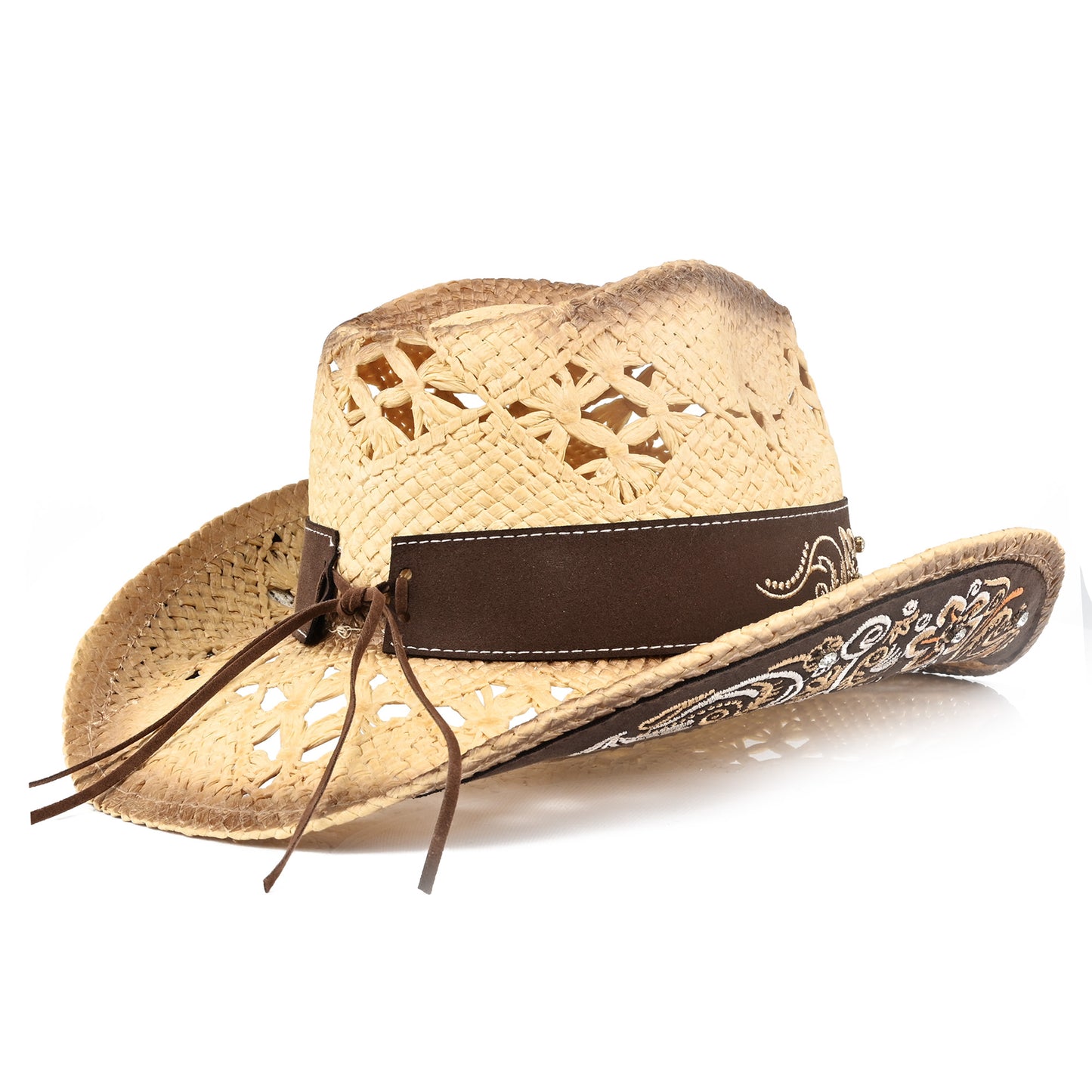 Men's & Women's Cowboy Hat Classic Cowgirl Hat With Embroidered Designs | Beige - Foeran