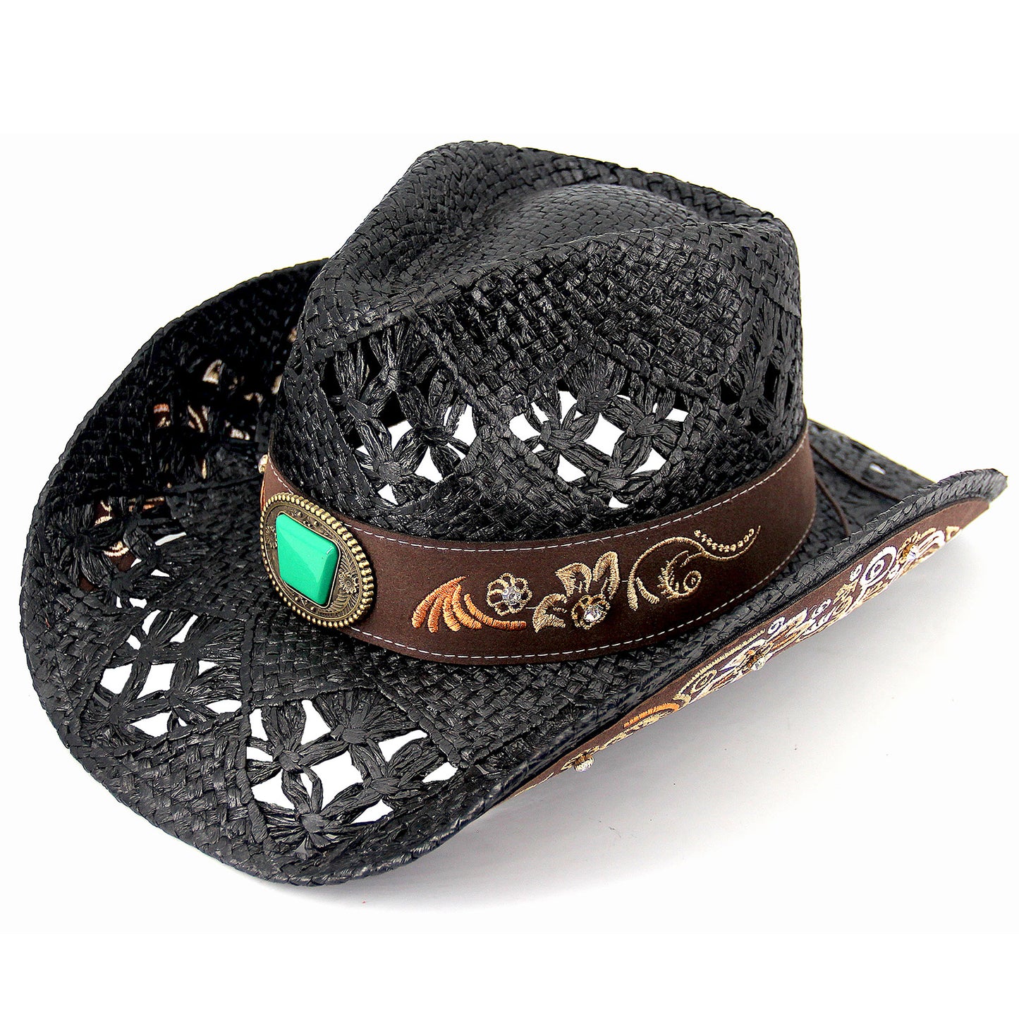 Men's & Women's Cowboy Hat Classic Cowgirl Hat With Embroidered Designs | Black - Foeran