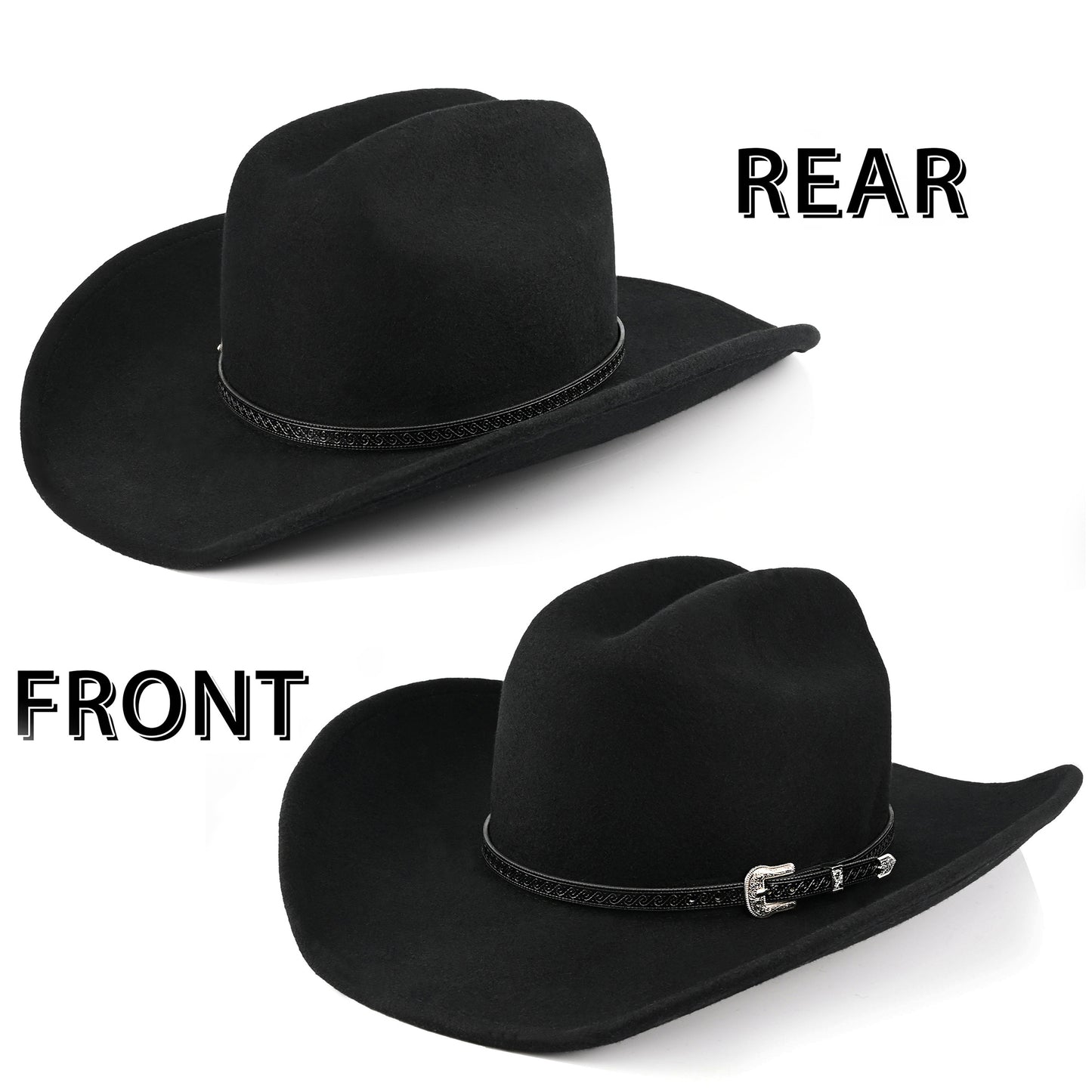 100% Wool - Felt Cowboy Hat for Men Women Classic Western Cowgirl Hat Country Hat with Two Decorative Bands | Black - Foeran