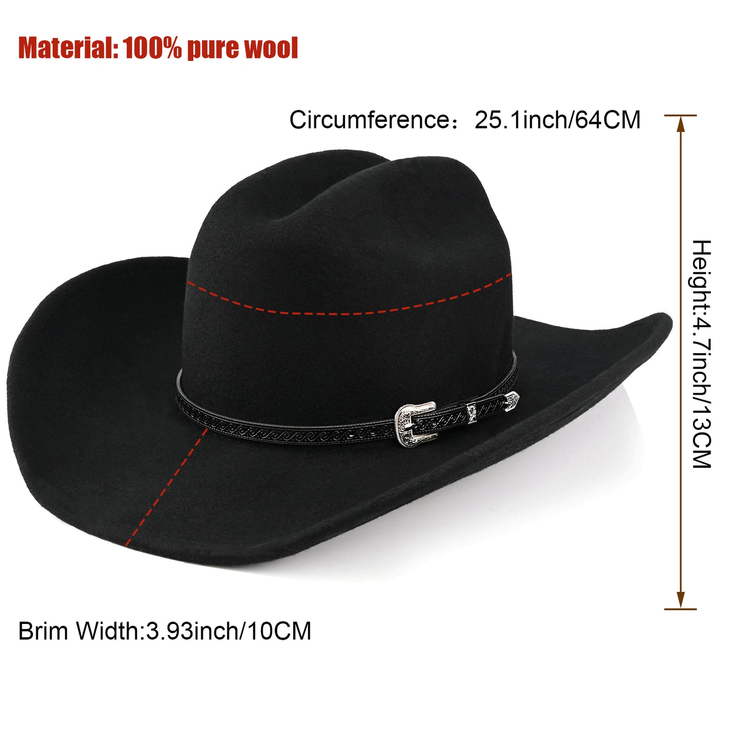 100% Wool - Felt Cowboy Hat for Men Women Classic Western Cowgirl Hat Country Hat with Two Decorative Bands | Black - Foeran