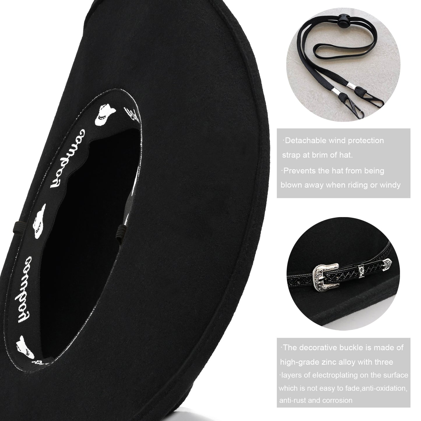 100% Wool - Felt Cowboy Hat for Men Women Classic Western Cowgirl Hat Country Hat with Two Decorative Bands | Black - Foeran