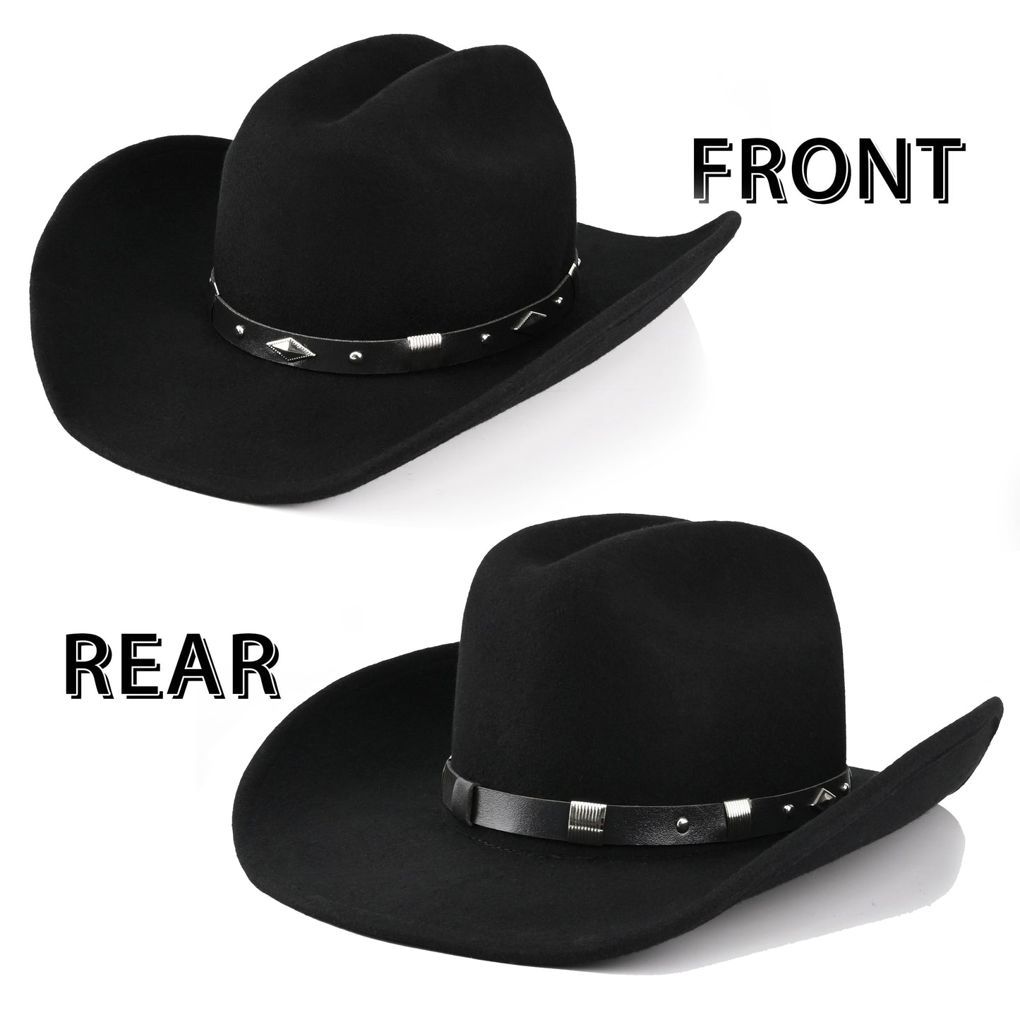 100% Wool - Men's Women's Felt Cowboy Hat Western Cowgirl Hat Country Hat with 2 Decorative Bands | Black - Foeran