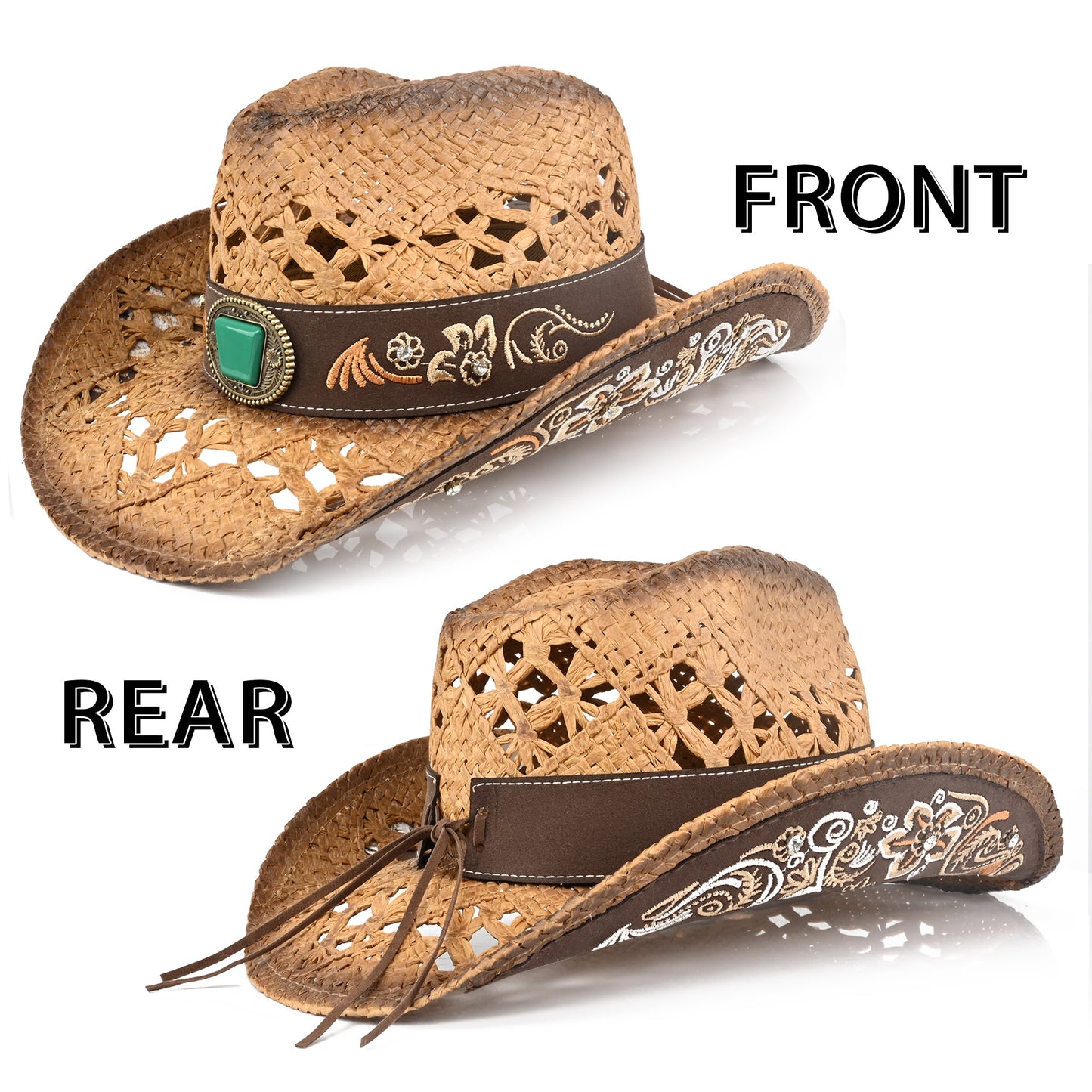Men's & Women's Cowboy Hat Classic Cowgirl Hat With Embroidered Designs | Brown - Foeran