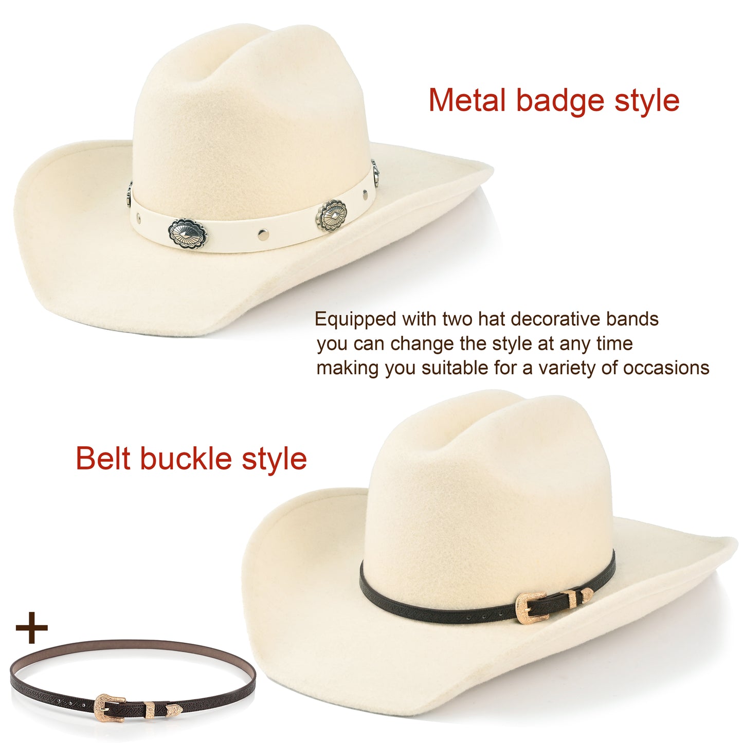 100% Wool - Men's Women's Felt Cowboy Hat Western Cowgirl Hat Country Hat with 2 Decorative Bands | White - Foeran
