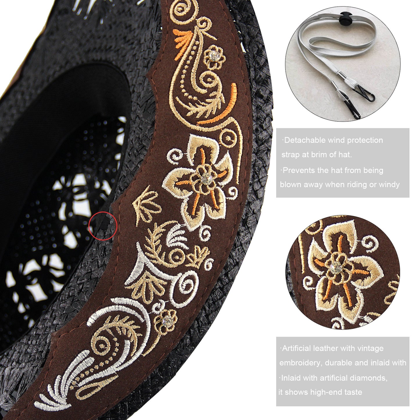 Men's & Women's Cowboy Hat Classic Cowgirl Hat With Embroidered Designs | Black - Foeran
