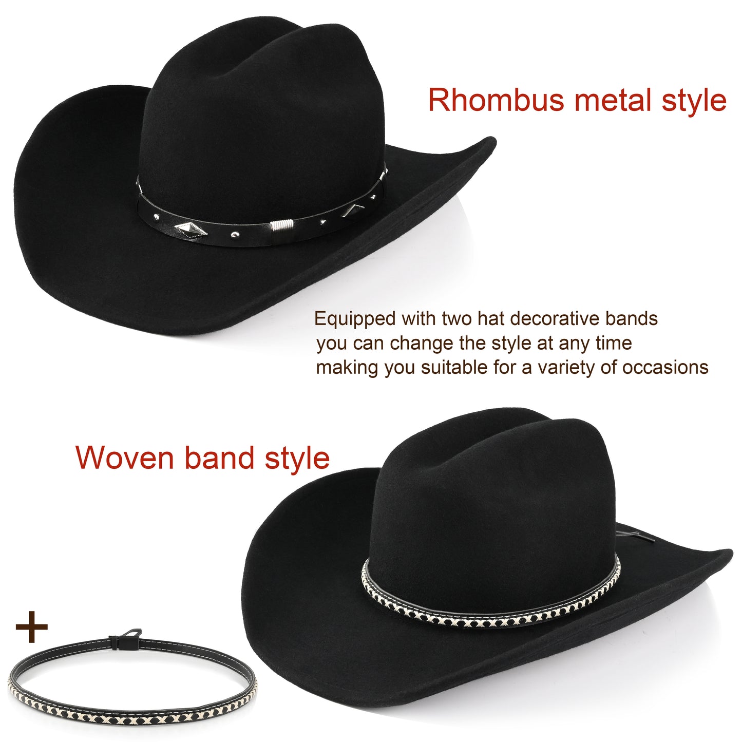 100% Wool - Men's Women's Felt Cowboy Hat Western Cowgirl Hat Country Hat with 2 Decorative Bands | Black - Foeran