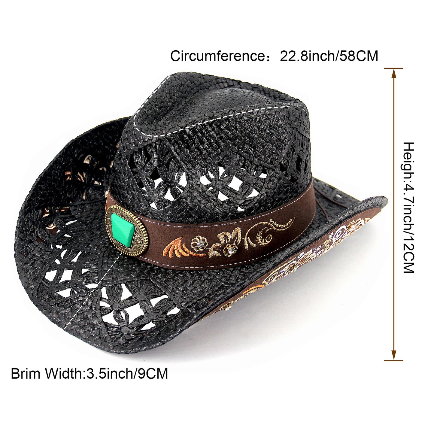 Men's & Women's Cowboy Hat Classic Cowgirl Hat With Embroidered Designs | Black - Foeran