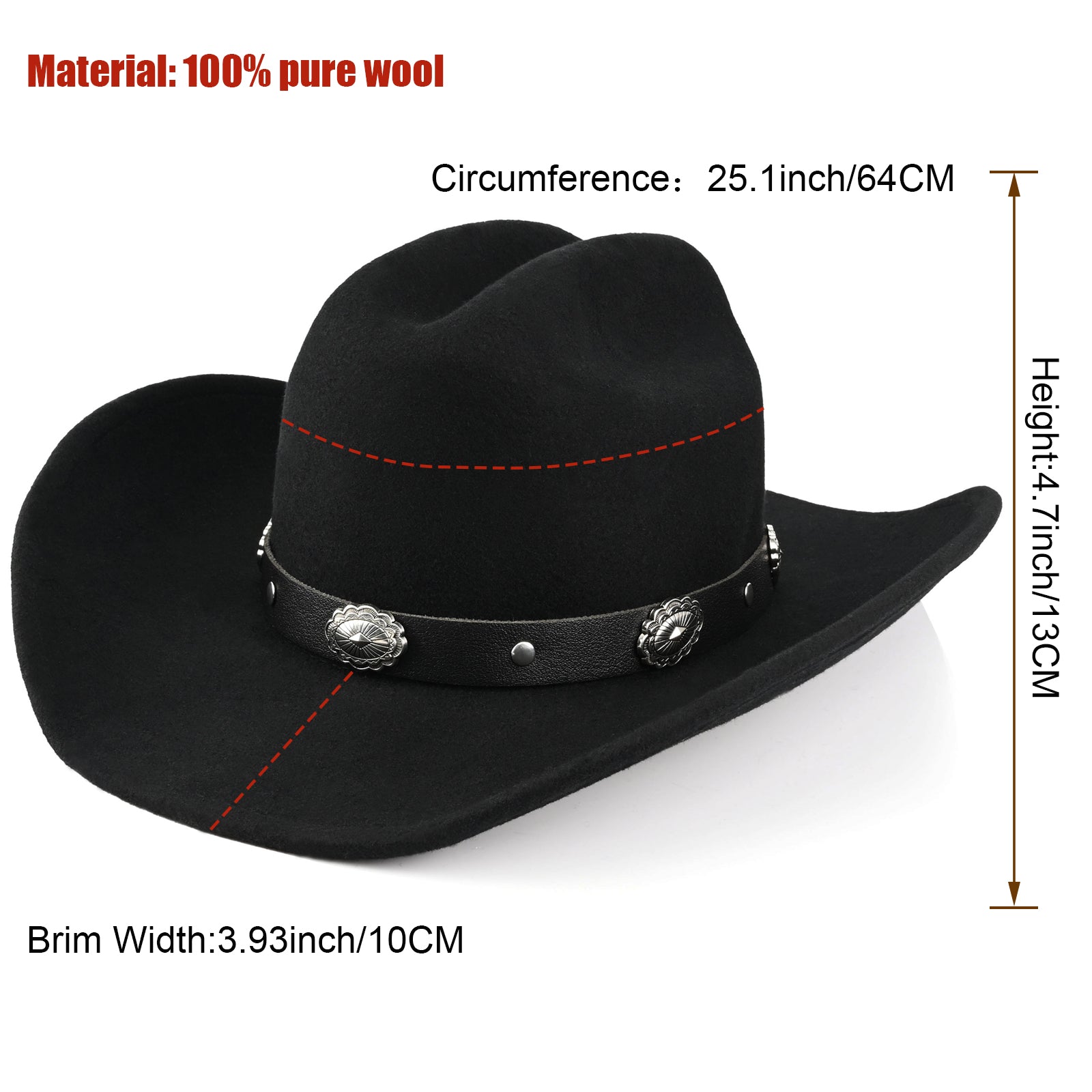 100% Wool - Classic Cowboy Hat for Men Women Felt Western Cowgirl Hat Country Hat with 2 Decorative Bands | Black - Foeran