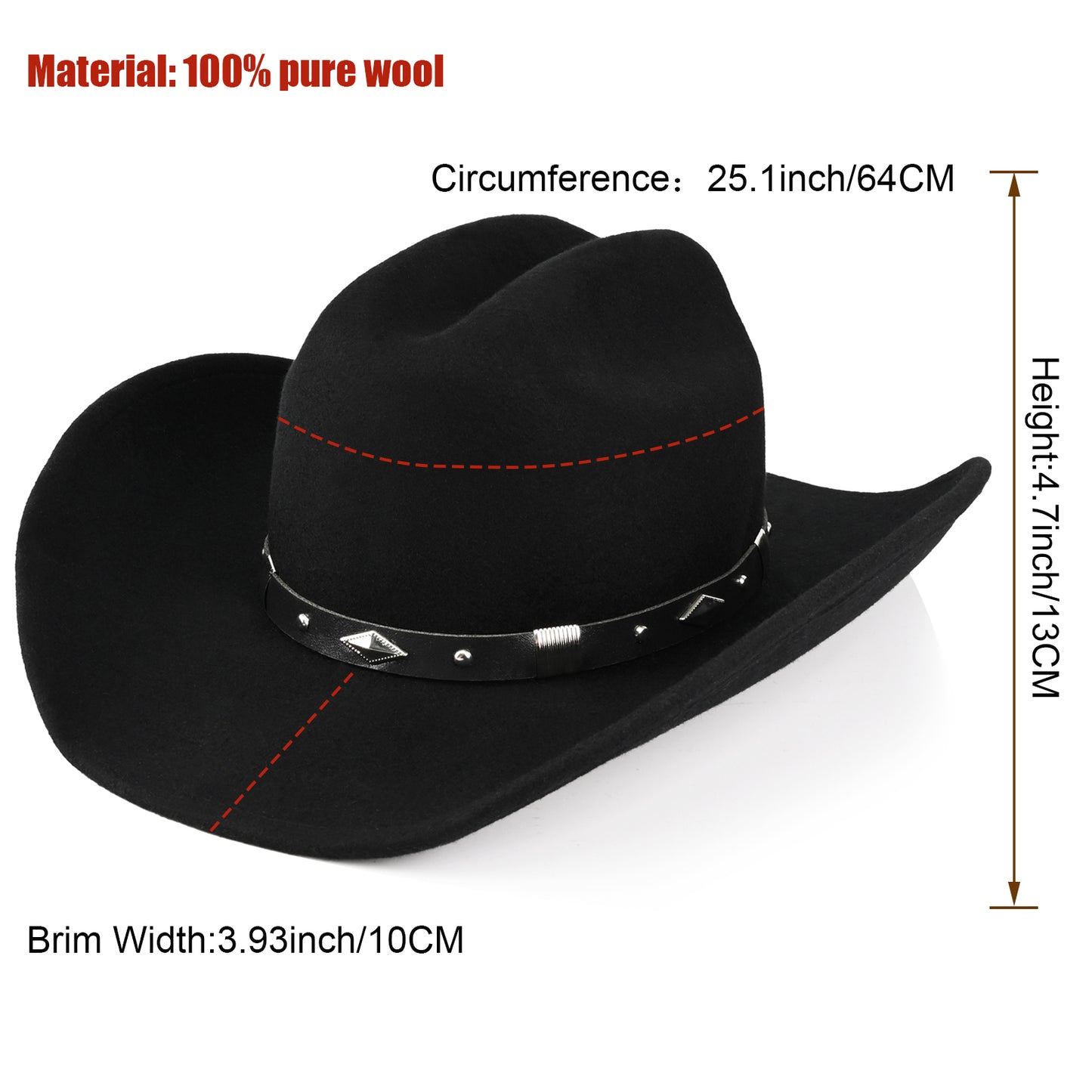 100% Wool - Men's Women's Felt Cowboy Hat Western Cowgirl Hat Country Hat with 2 Decorative Bands | Black - Foeran