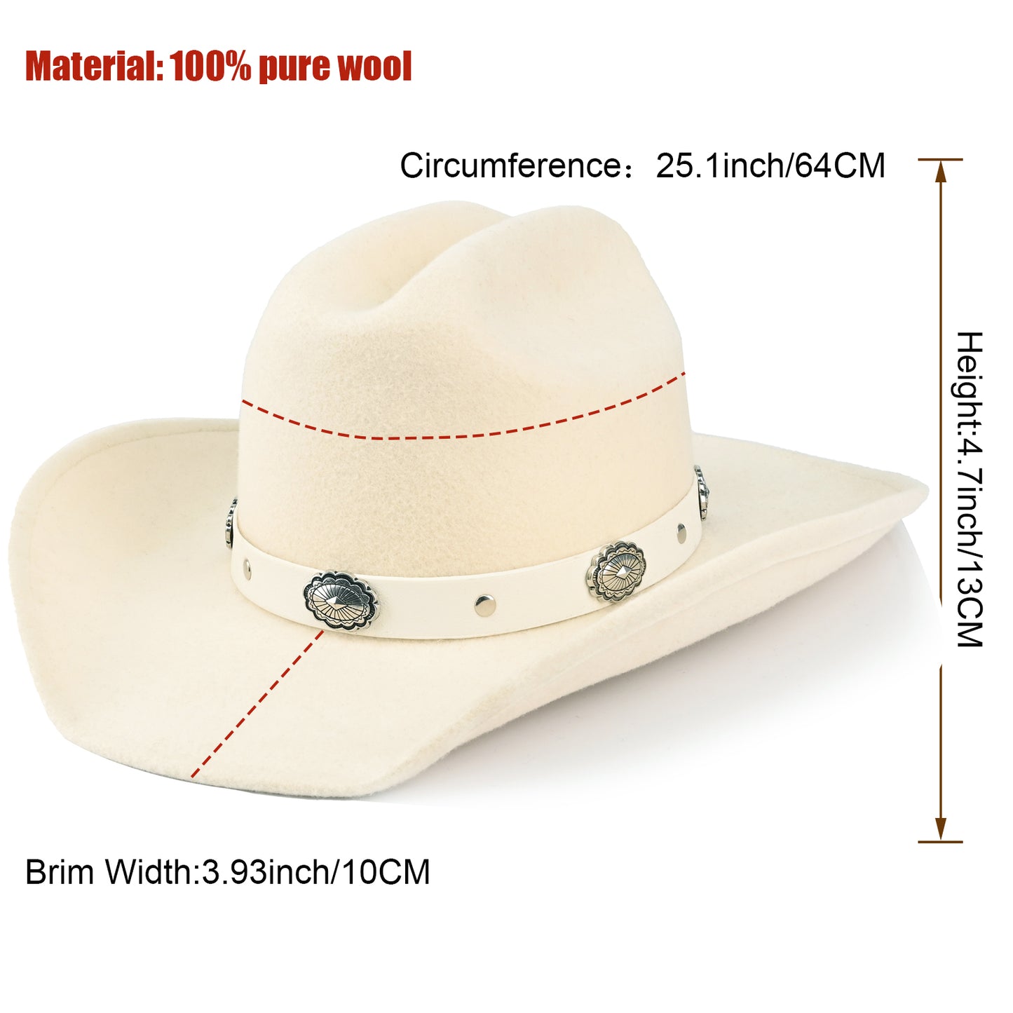 100% Wool - Men's Women's Felt Cowboy Hat Western Cowgirl Hat Country Hat with 2 Decorative Bands | White - Foeran