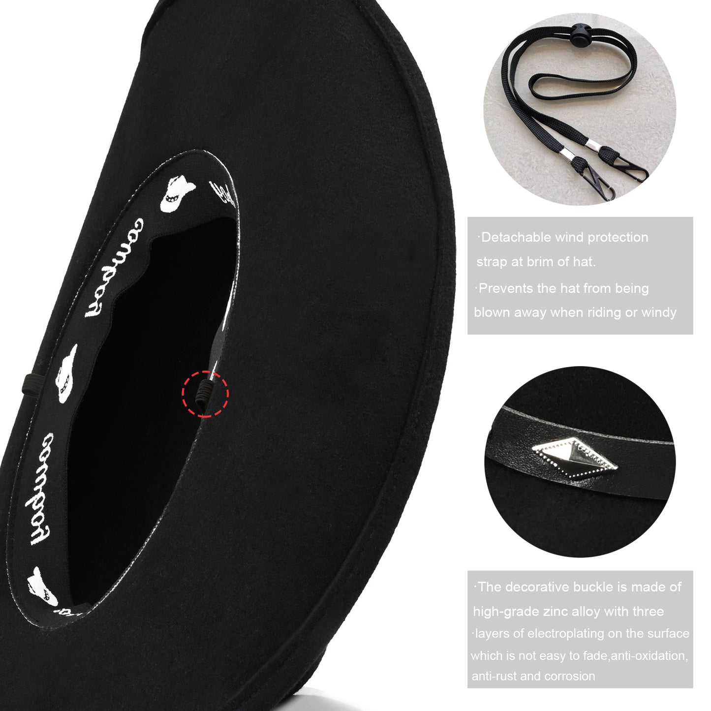 100% Wool - Men's Women's Felt Cowboy Hat Western Cowgirl Hat Country Hat with 2 Decorative Bands | Black - Foeran