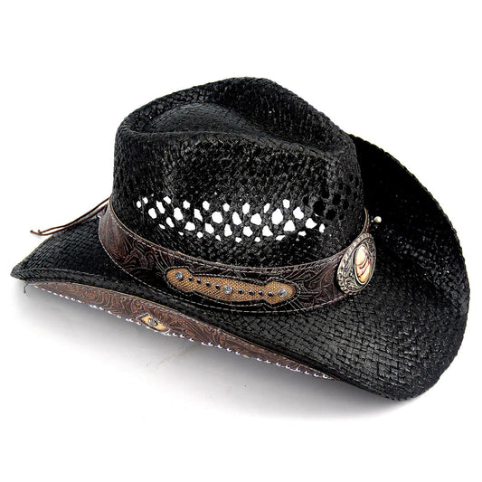 Retro-Minimalist | Cowboy & Cowgirl Hat | Men's Women's Straw Sun Hat | Black - Foeran