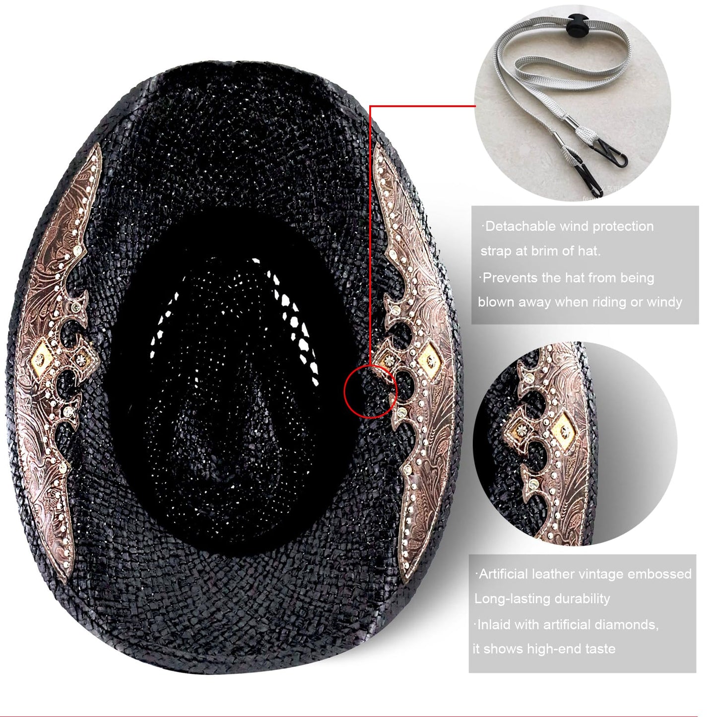Retro-Minimalist | Cowboy & Cowgirl Hat | Men's Women's Straw Sun Hat | Black - Foeran