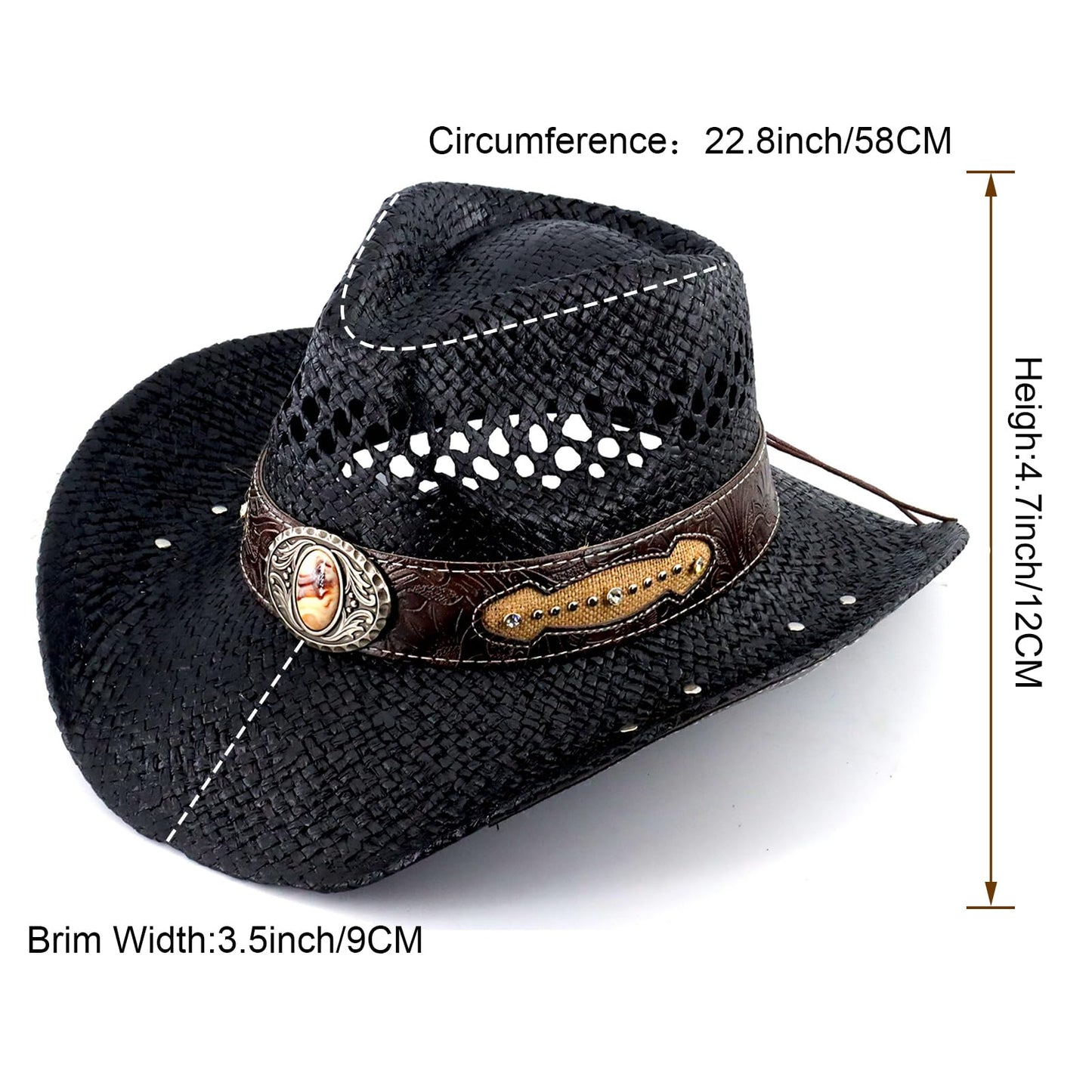 Retro-Minimalist | Cowboy & Cowgirl Hat | Men's Women's Straw Sun Hat | Black - Foeran