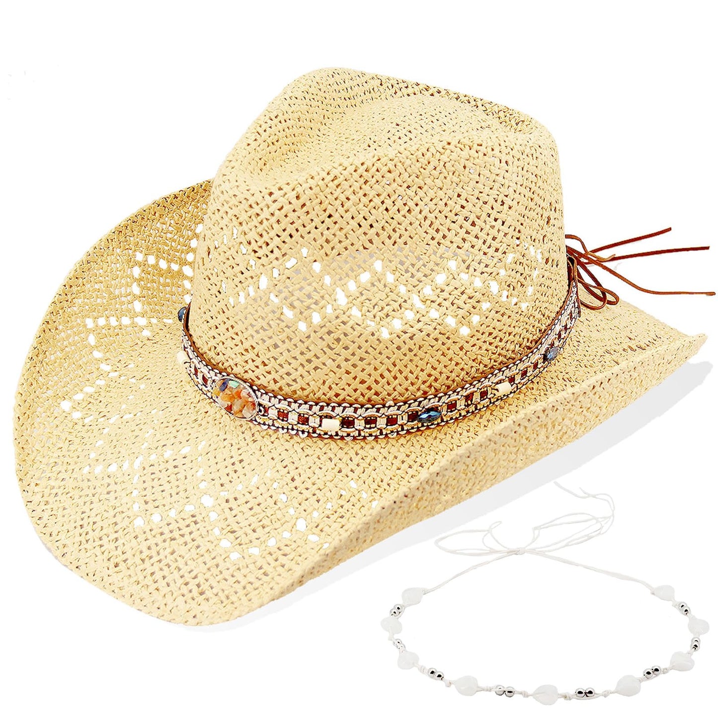 Energy Crystal | Western Cowboy Hat Cowgirl Hat Sun Hat With 2 Decor Bands | Beige - Foeran