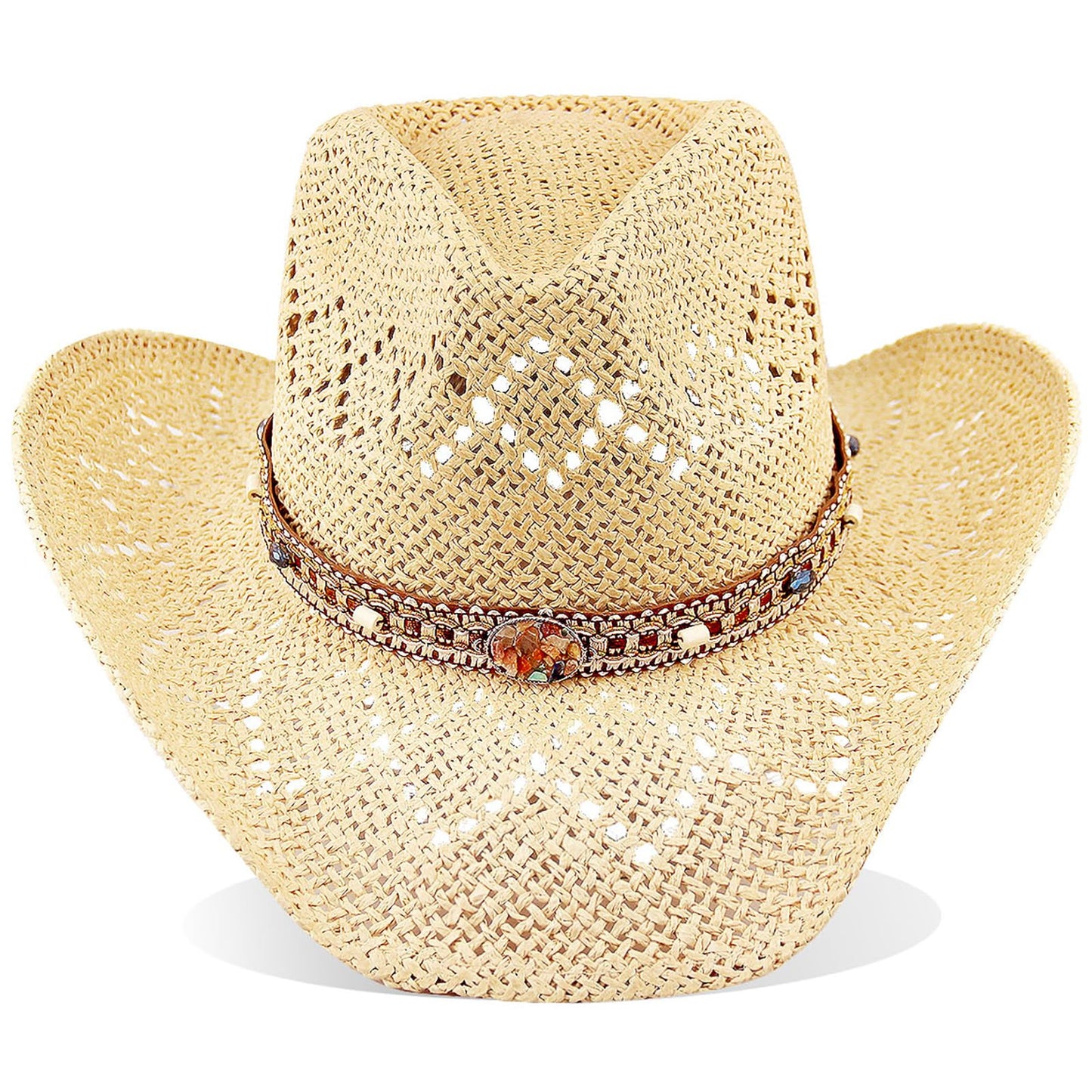 Energy Crystal | Western Cowboy Hat Cowgirl Hat Sun Hat With 2 Decor Bands | Beige - Foeran