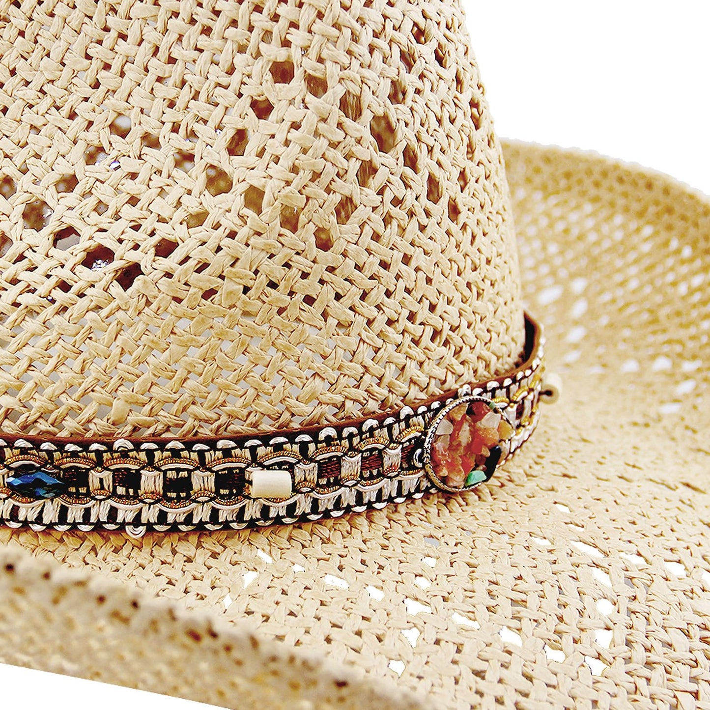 Energy Crystal | Western Cowboy Hat Cowgirl Hat Sun Hat With 2 Decor Bands | Beige - Foeran