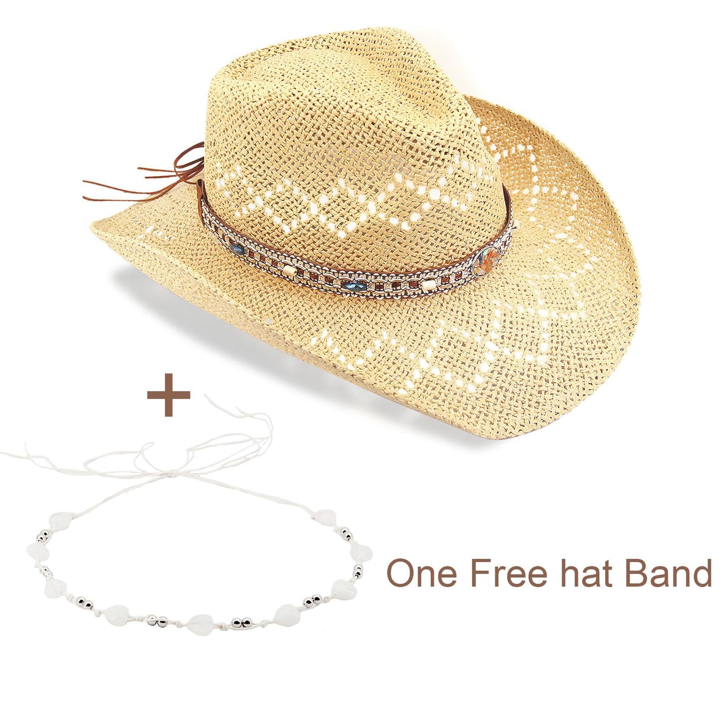 Energy Crystal | Western Cowboy Hat Cowgirl Hat Sun Hat With 2 Decor Bands | Beige - Foeran