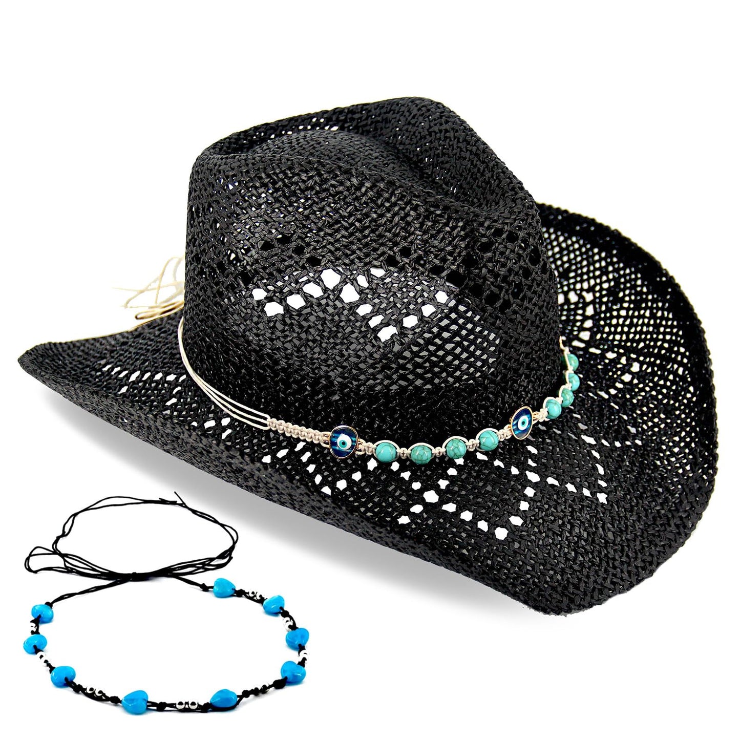 Devil's Eyes | Western Cowgirl Cowboy Hat For Women Men Ladies Sun Hat - 2 Removable Bands | Black - Foeran