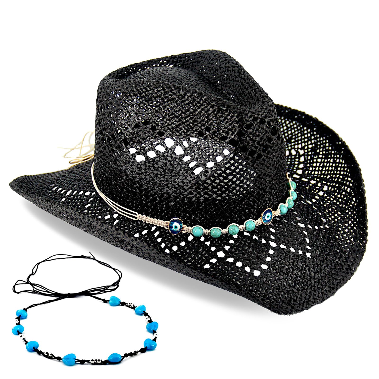 Devil's Eyes | Western Cowgirl Cowboy Hat For Women Men Ladies Sun Hat - 2 Removable Bands | Black - Foeran