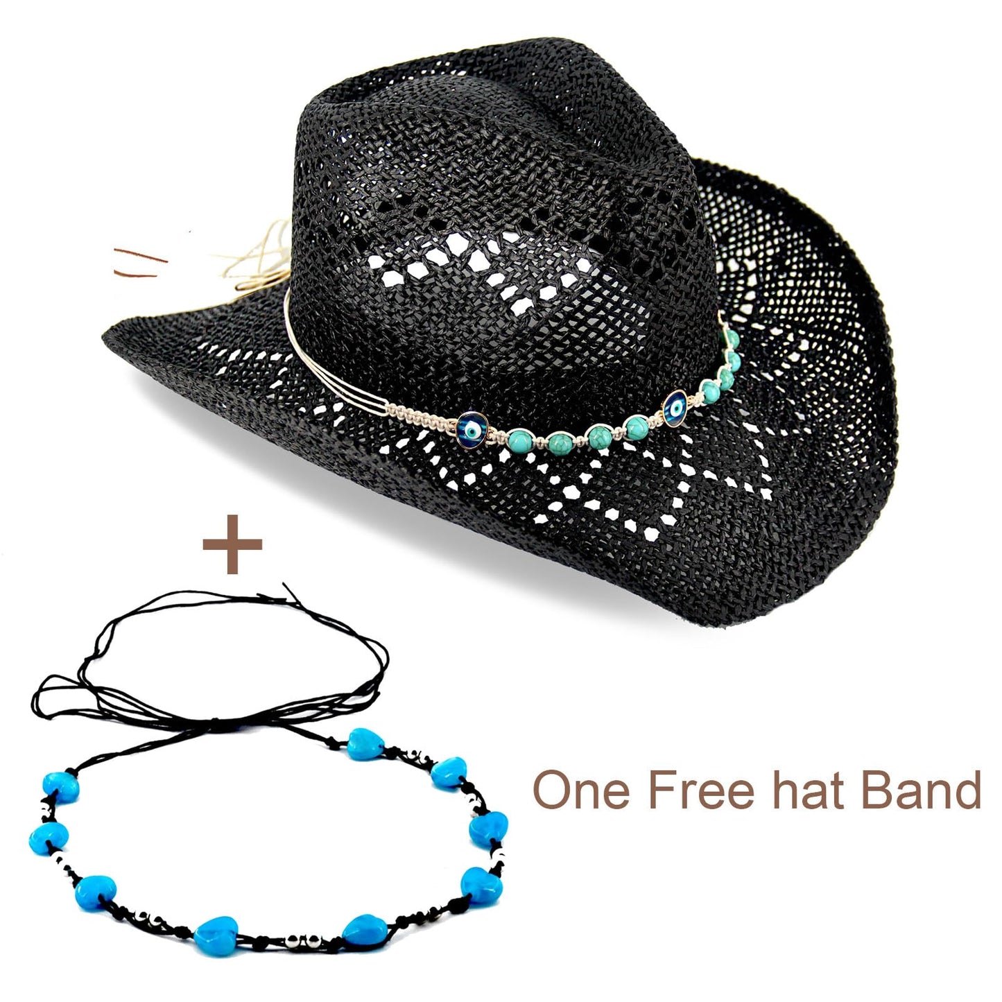 Devil's Eyes | Western Cowgirl Cowboy Hat For Women Men Ladies Sun Hat - 2 Removable Bands | Black - Foeran