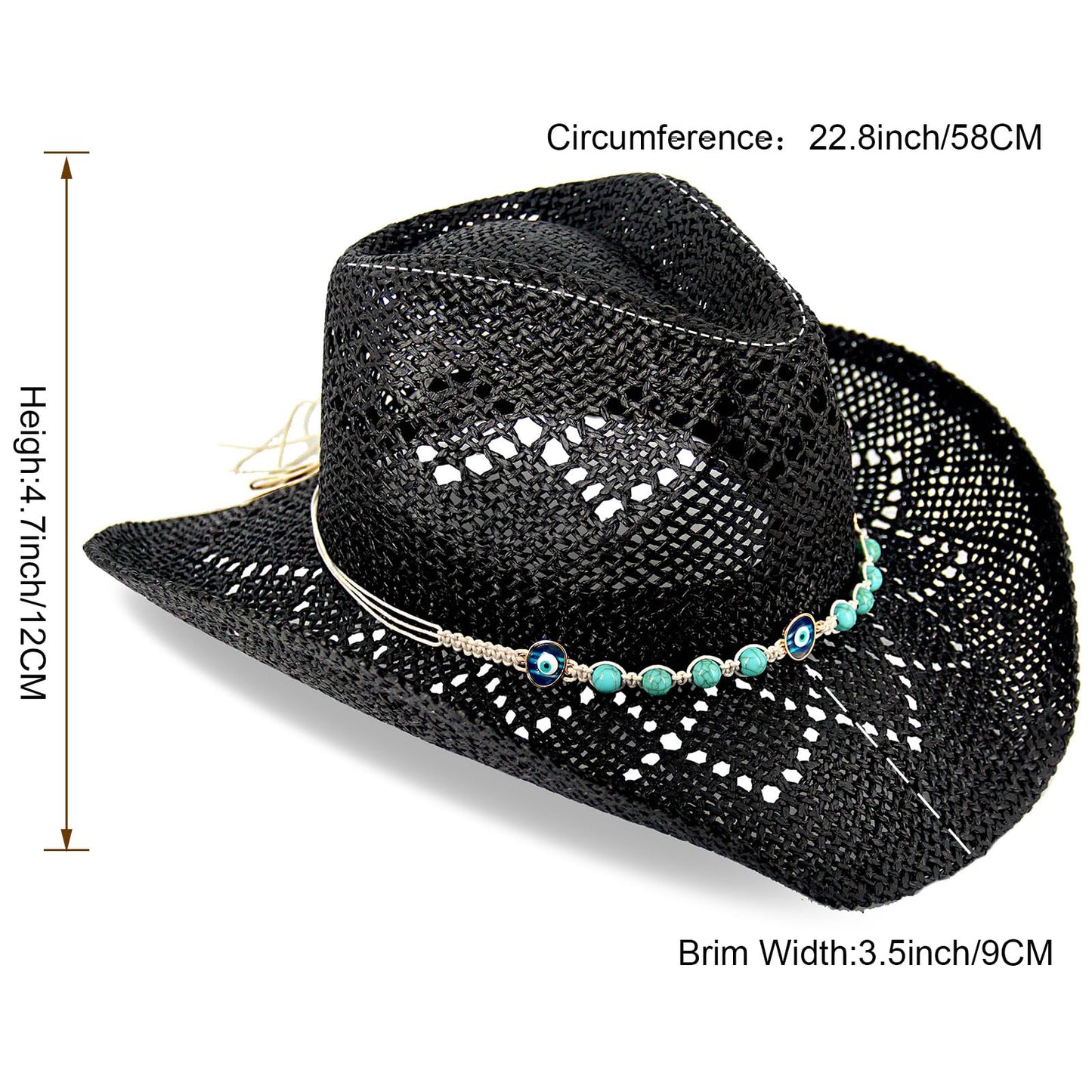 Devil's Eyes | Western Cowgirl Cowboy Hat For Women Men Ladies Sun Hat - 2 Removable Bands | Black - Foeran