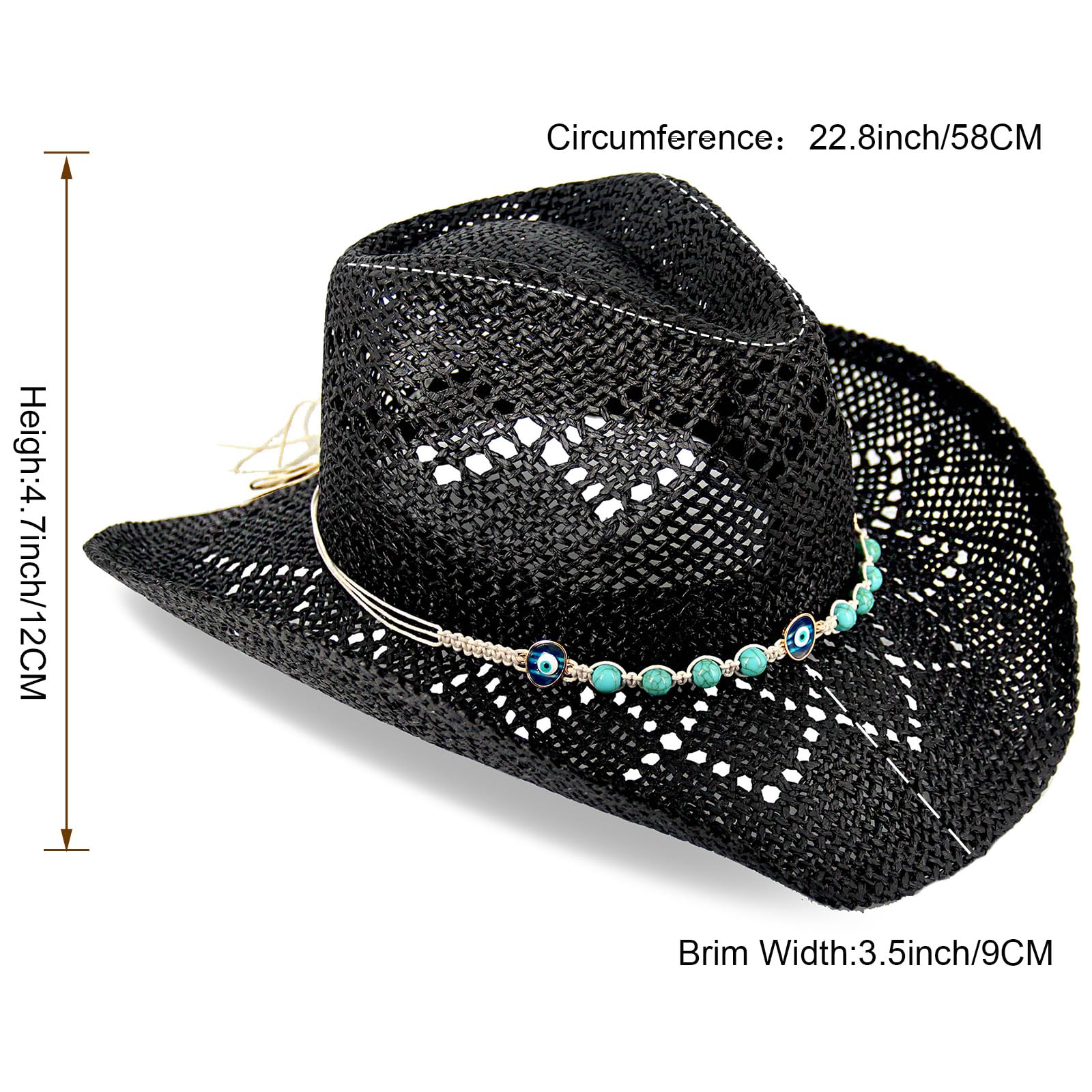 Devil's Eyes | Western Cowgirl Cowboy Hat For Women Men Ladies Sun Hat - 2 Removable Bands | Black - Foeran