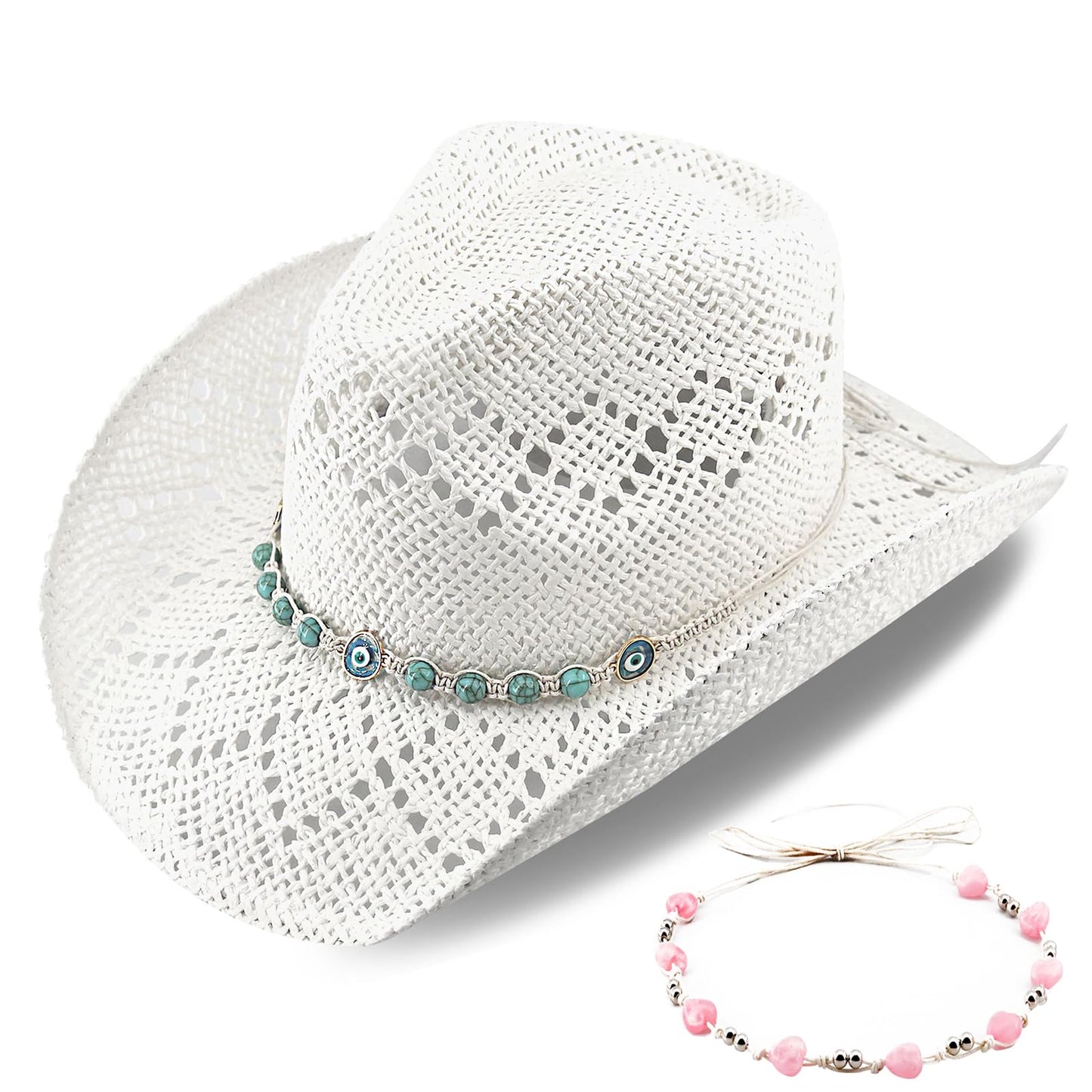 Devil's Eyes | Western Cowgirl Cowboy Hat For Women Men Ladies Sun Hat - 2 Removable Bands | White - Foeran