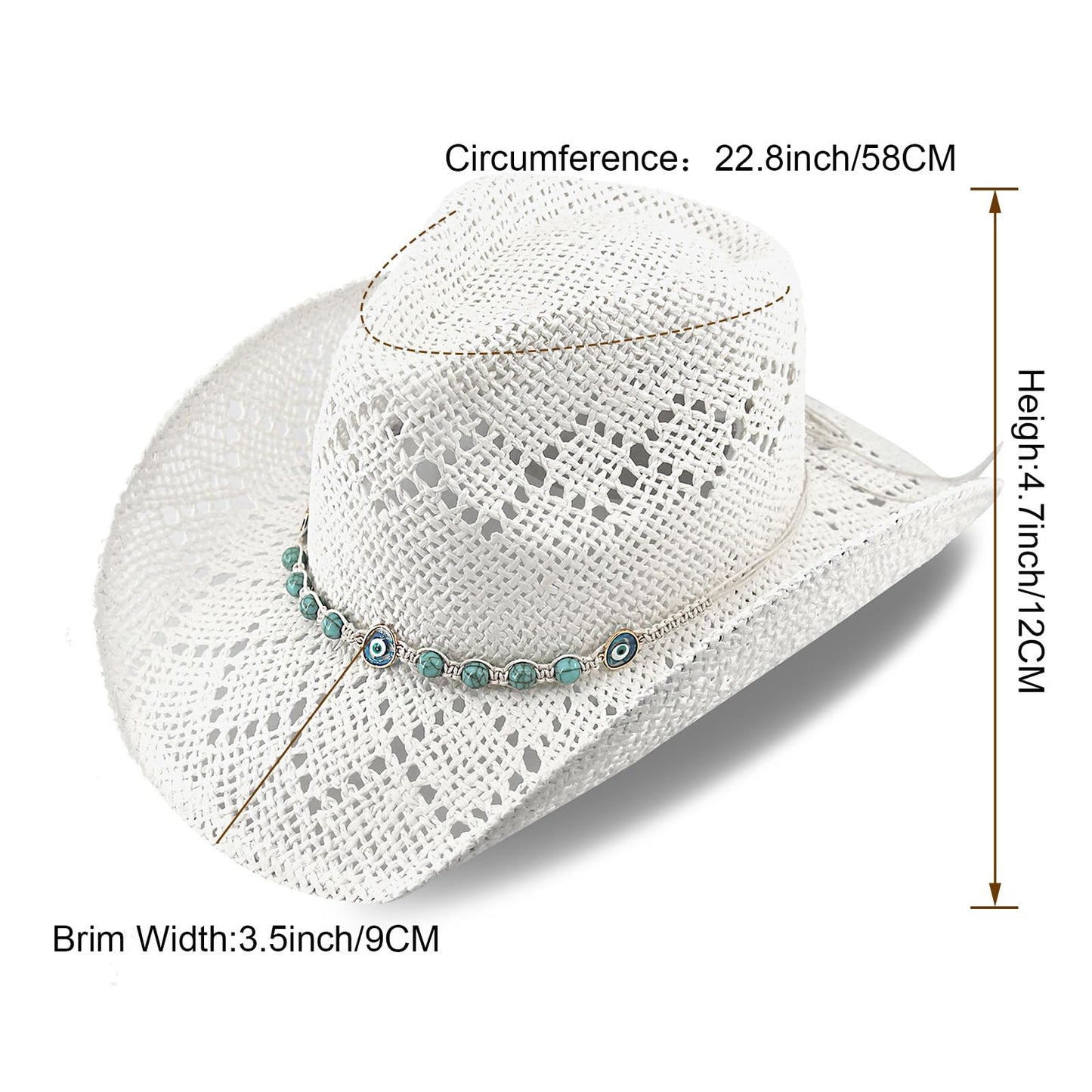 Devil's Eyes | Western Cowgirl Cowboy Hat For Women Men Ladies Sun Hat - 2 Removable Bands | White - Foeran