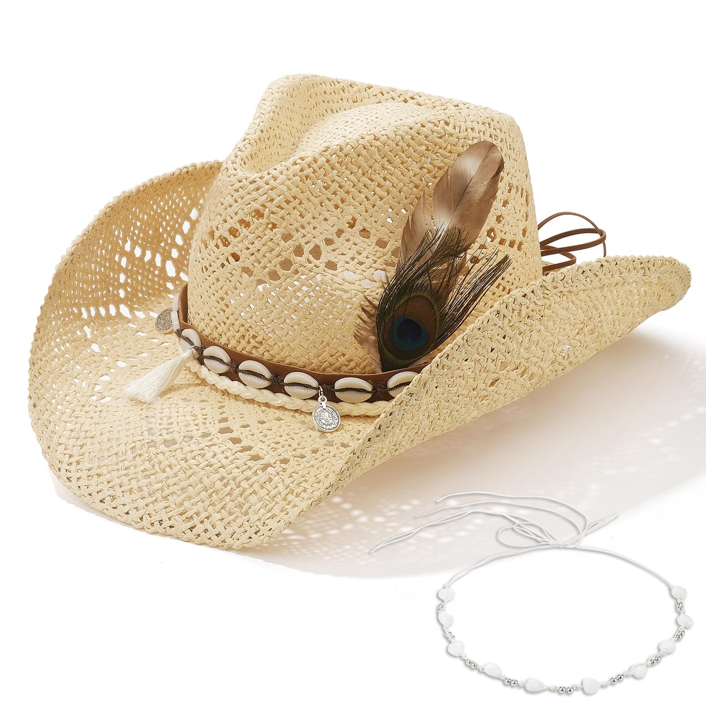 Beach Shell | Western Cowboy Hat For Women Men Cowgirl Hat Straw Country Hat Sun Hat | With Feather - Foeran