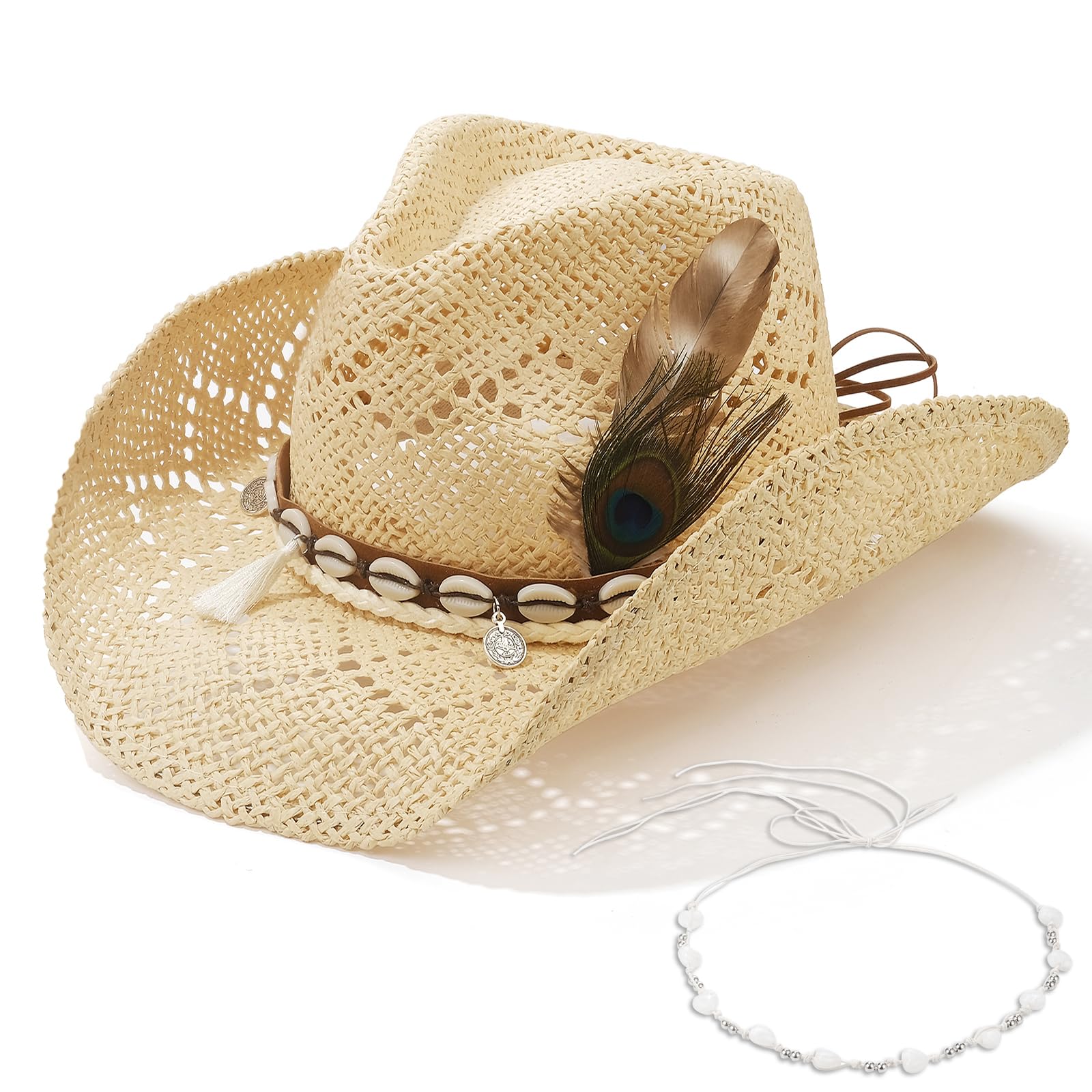 Beach Shell | Western Cowboy Hat For Women Men Cowgirl Hat Straw Country Hat Sun Hat | With Feather - Foeran
