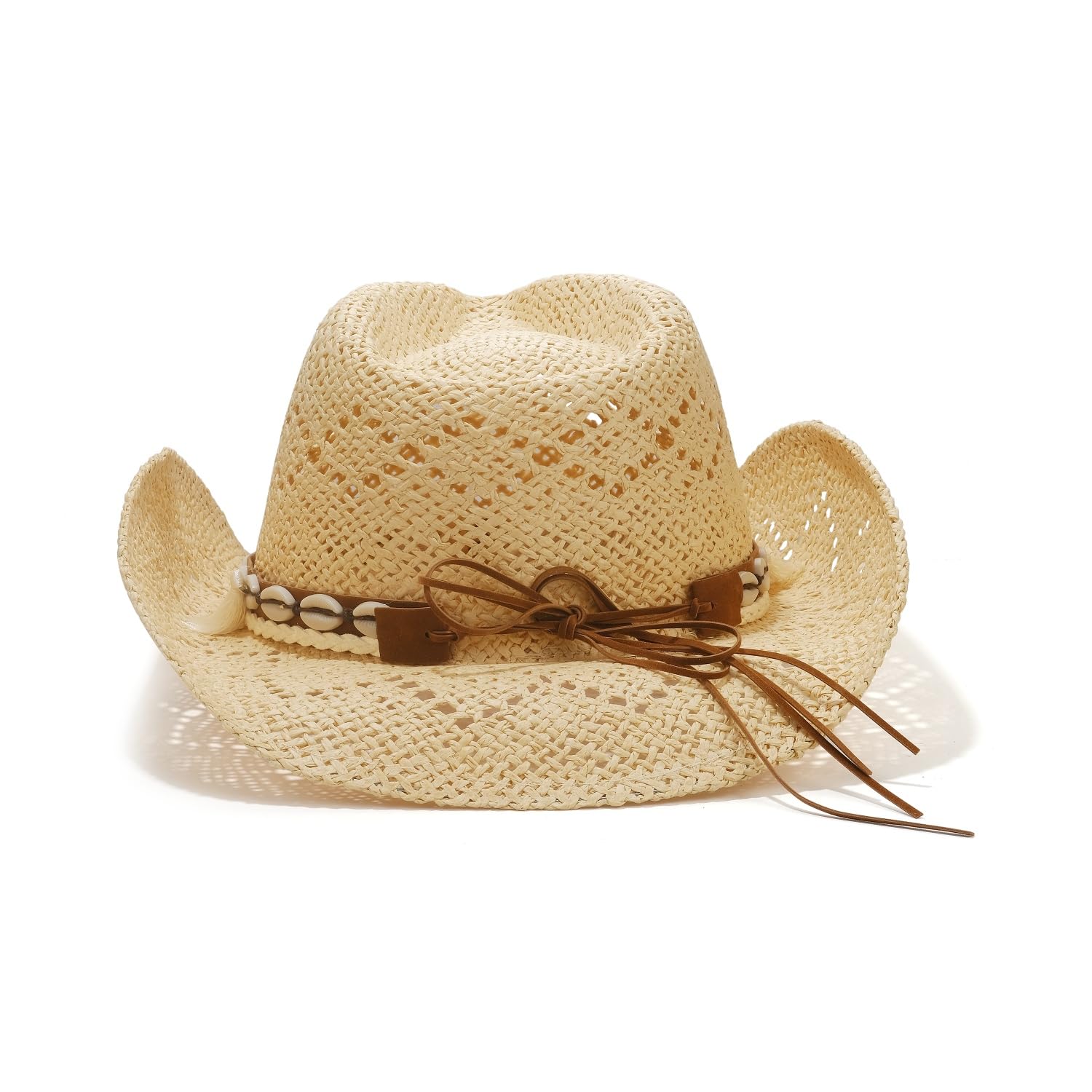Beach Shell | Western Cowboy Hat For Women Men Cowgirl Hat Straw Country Hat Sun Hat | With Feather - Foeran
