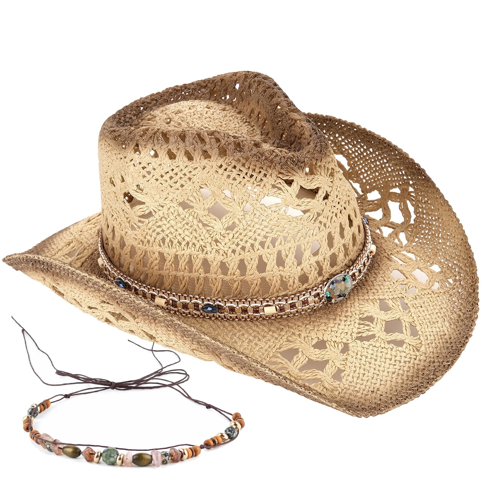 UV Protection Cowboy Hat With Prism Accents - Western Cowboy Hat With Iridescent Moon & Stars For Women, UV Protection Cowgirl Straw Hat