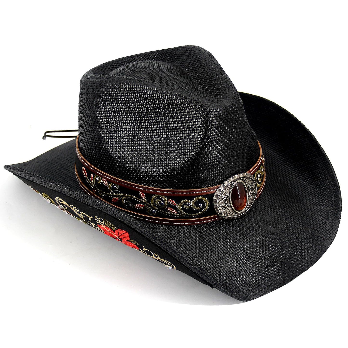 Cowboy Hat For Women Men Straw Cowgirl Hat W/ Faux Leather Embroideries | Black - Foeran