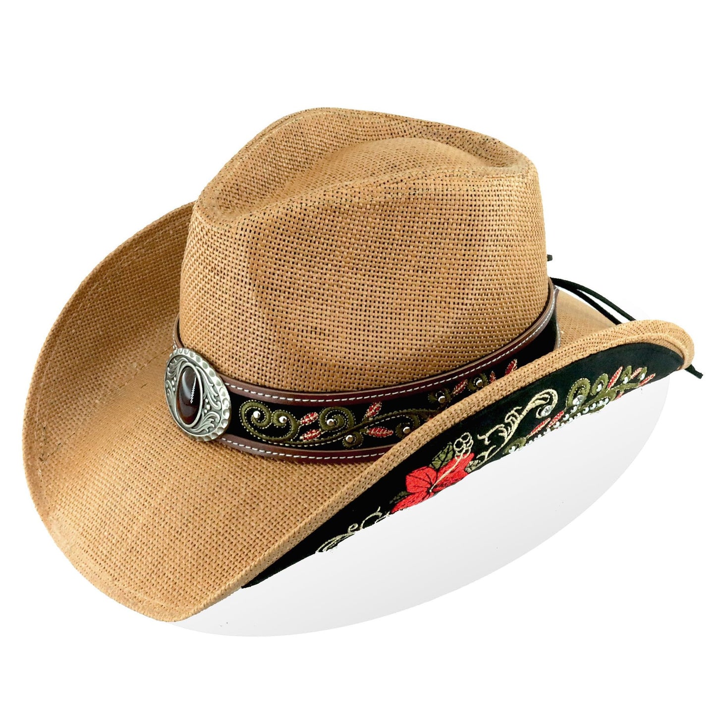 Cowboy Hat For Women Men Straw Cowgirl Hat W/ Faux Leather Embroideries | Nature - Foeran