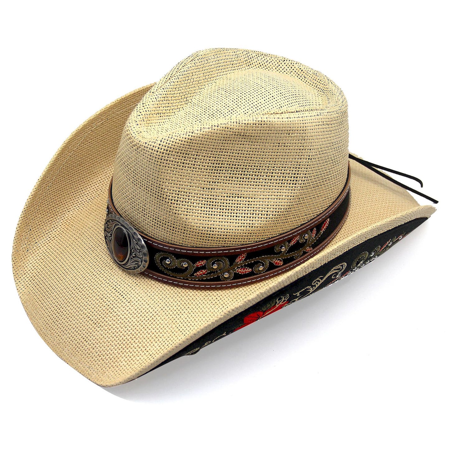 Cowboy Hat For Women Men Straw Cowgirl Hat W/ Faux Leather Embroideries | Beige - Foeran