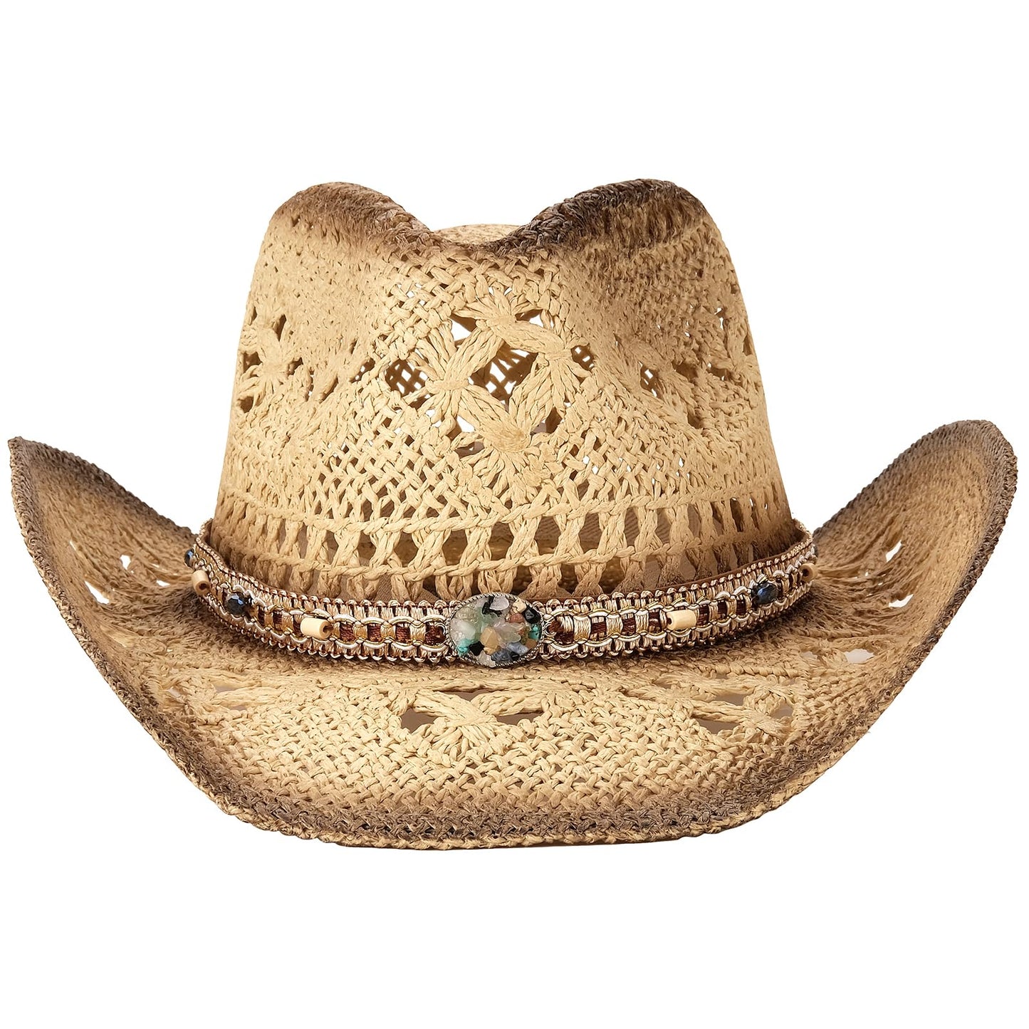 Energy Crystal | Men's Women's Cowboy Hat Cowgirl Straw Sun Hat W/ 2 Decor Bands | Brown - Foeran