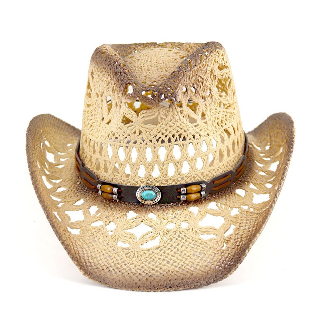 Turquoise Belt | Western Cowboy Hat Unique Cowgirl Hat Straw Sun Hat Country Hat | With Feather - Foeran