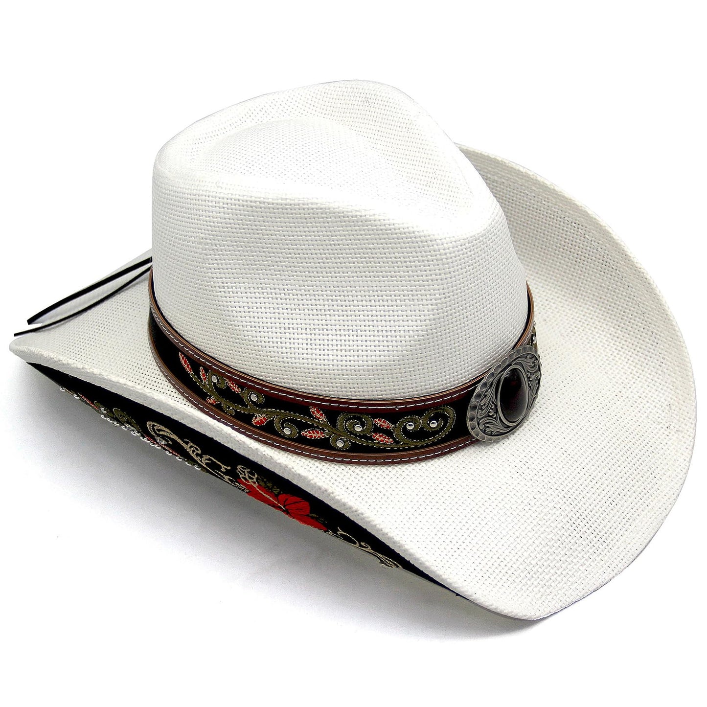 Cowboy Hat For Women Men Straw Cowgirl Hat W/ Faux Leather Embroideries | White - Foeran