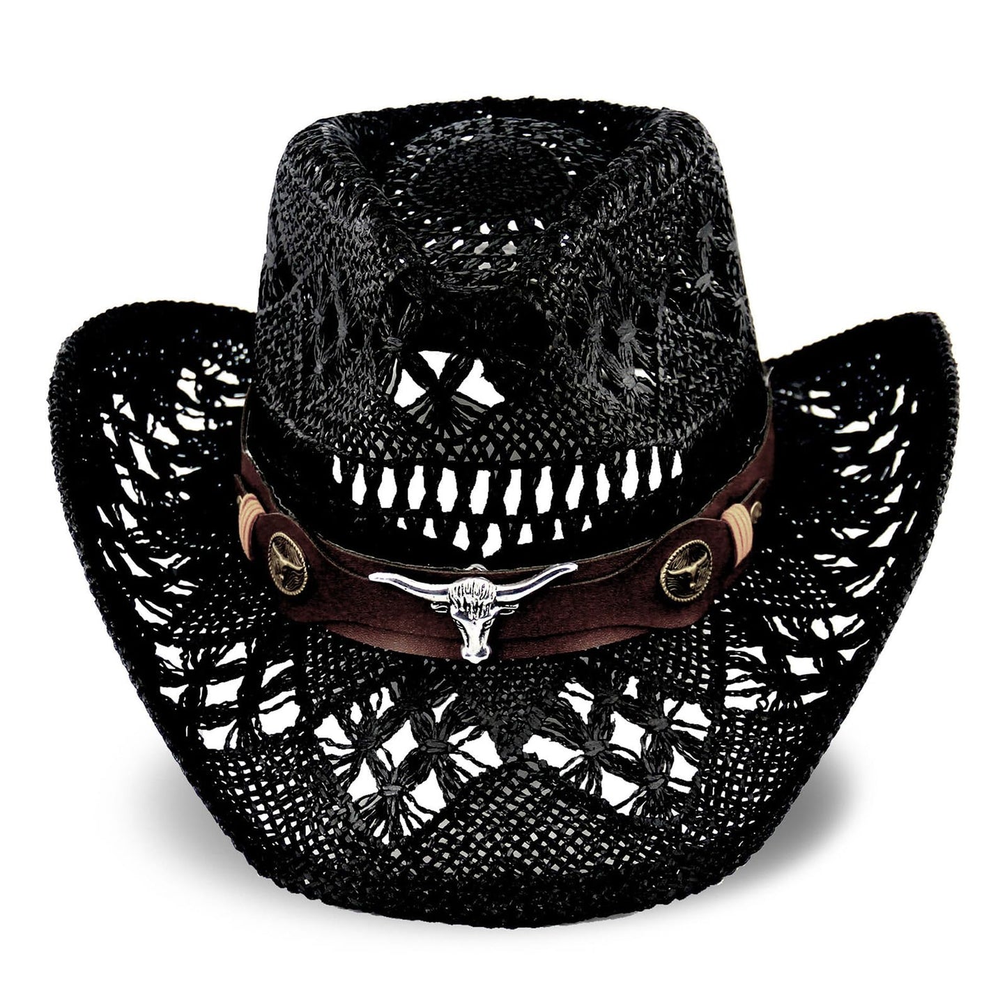 Men's Women's Straw Cowboy Hat Cowgirl Woven Sun Hat Country Hat | Black - Foeran