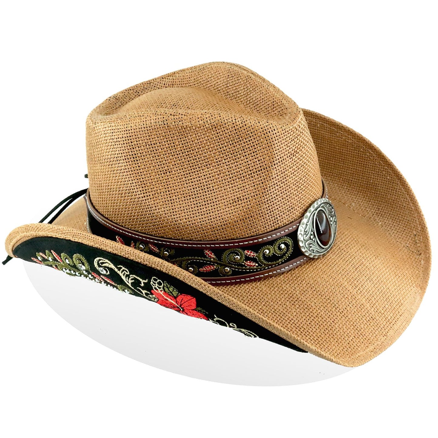 Cowboy Hat For Women Men Straw Cowgirl Hat W/ Faux Leather Embroideries | Nature - Foeran