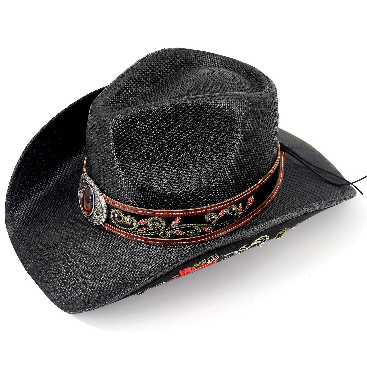 Cowboy Hat For Women Men Straw Cowgirl Hat W/ Faux Leather Embroideries | Black - Foeran