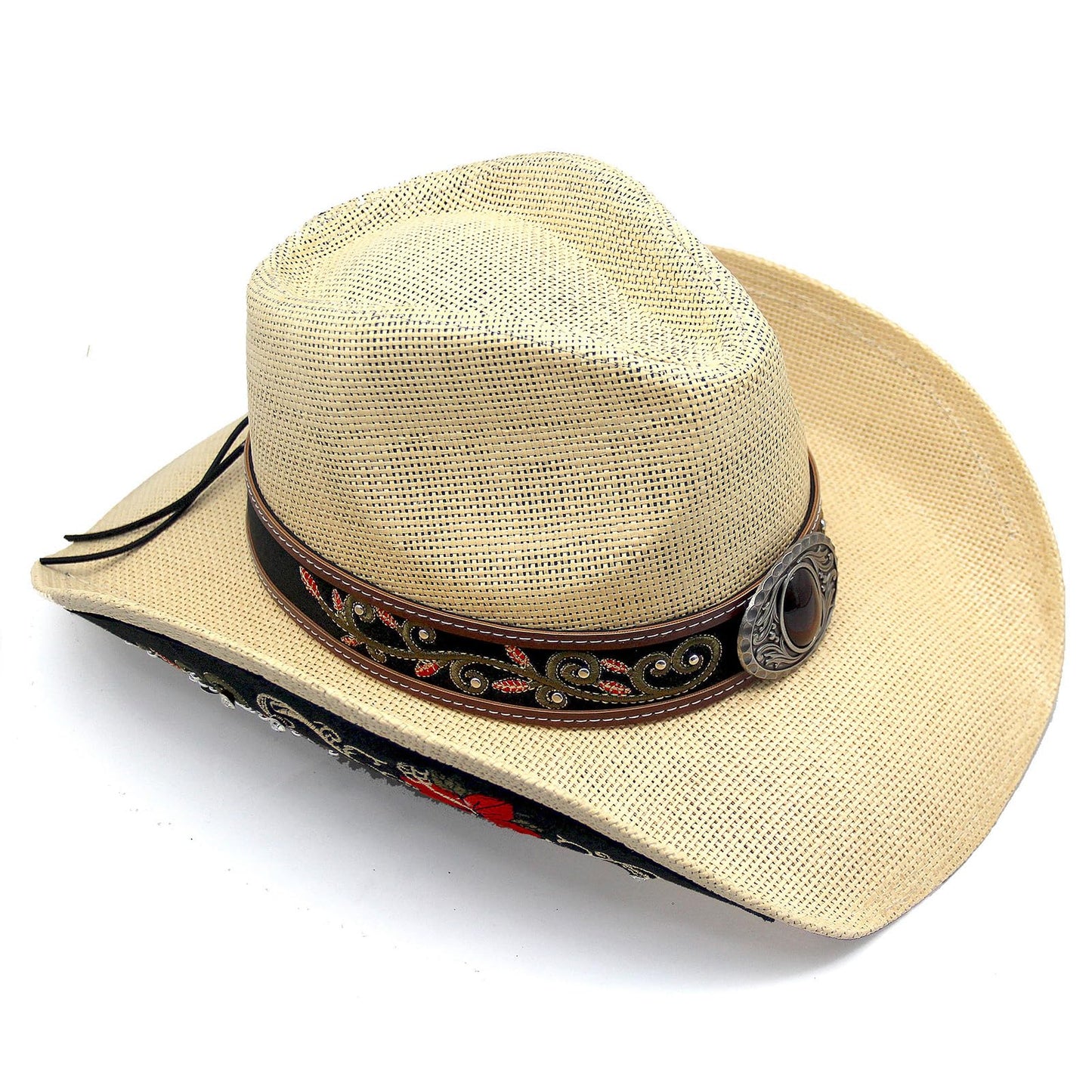 Cowboy Hat For Women Men Straw Cowgirl Hat W/ Faux Leather Embroideries | Beige - Foeran