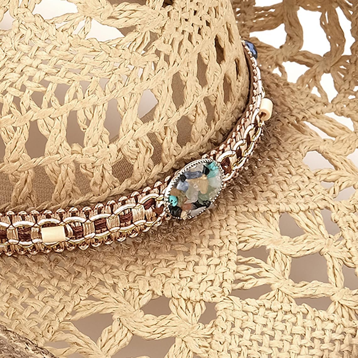 Energy Crystal | Men's Women's Cowboy Hat Cowgirl Straw Sun Hat W/ 2 Decor Bands | Brown - Foeran