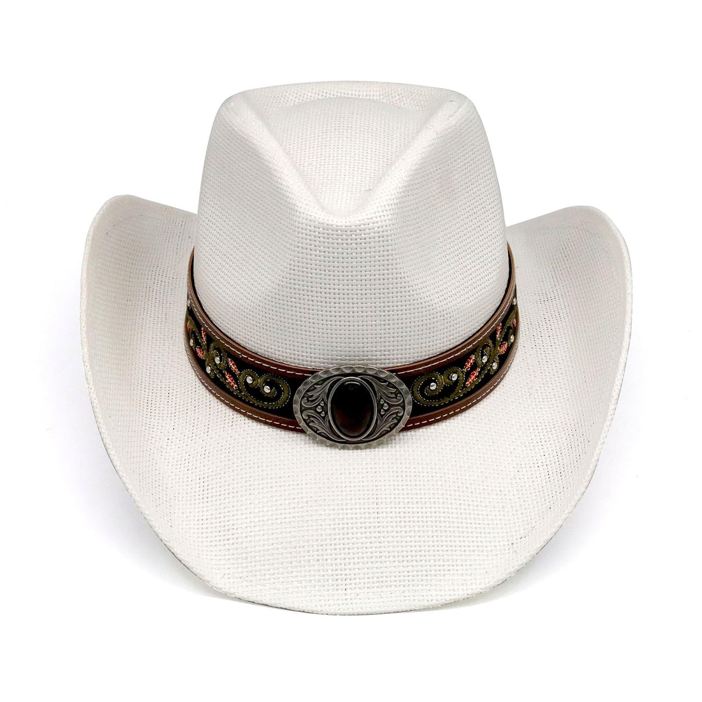 Cowboy Hat For Women Men Straw Cowgirl Hat W/ Faux Leather Embroideries | White - Foeran