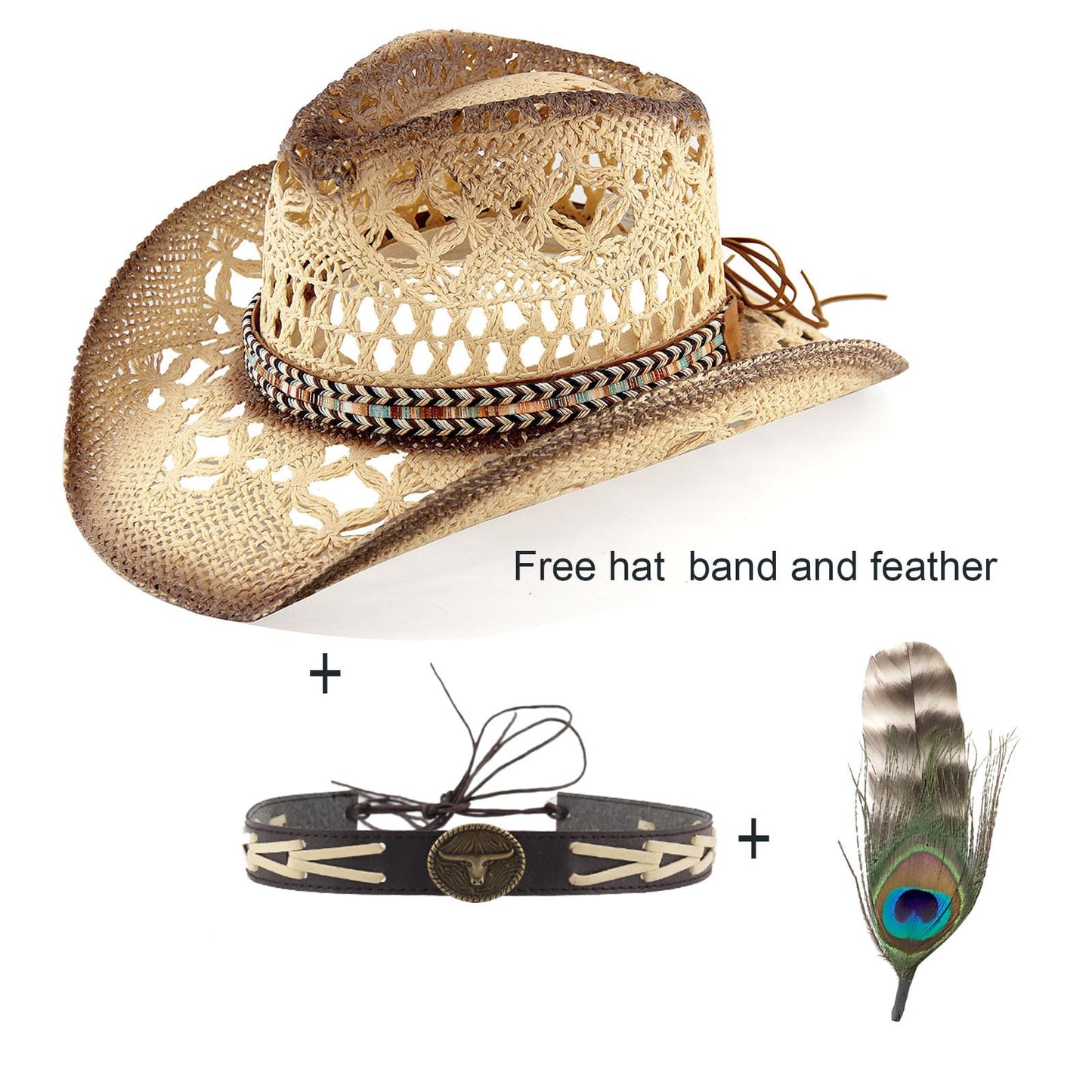 Woven Belt | Western Cowboy Hat For Women Men Cowgirl Hat Straw Country Hat Sun Hat | With Feather - Foeran