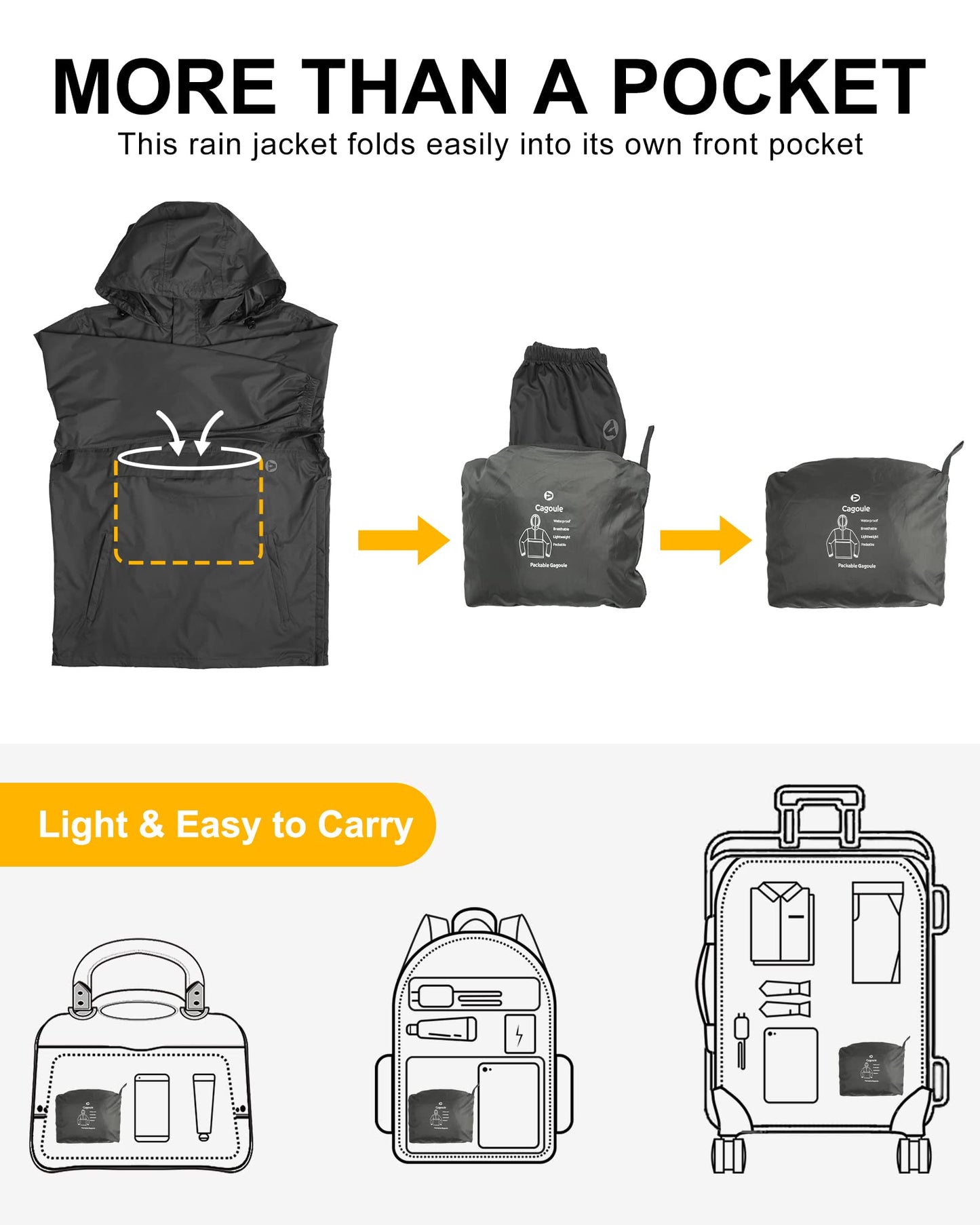 Packable Rain Jacket Men's Lightweight Waterproof Rain Shell Jacket Raincoat with Hood for Golf Cycling Windbreaker - Foeran