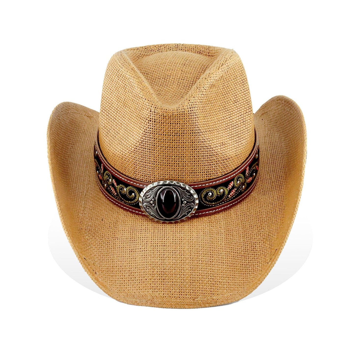 Cowboy Hat For Women Men Straw Cowgirl Hat W/ Faux Leather Embroideries | Nature - Foeran