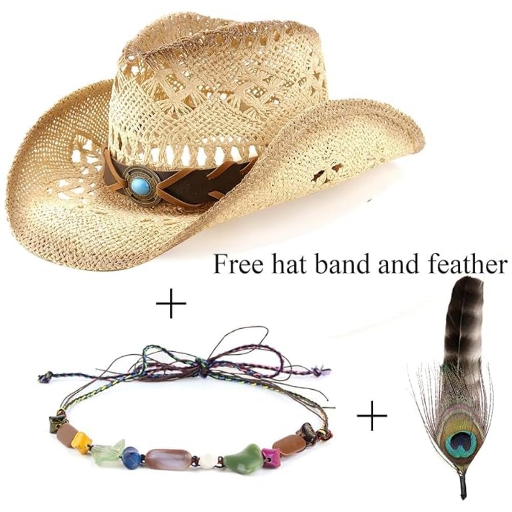 Peacock Blue | Western Cowboy Hat Unique Cowgirl Hat Straw Sun Hat Country Hat | With Feather - Foeran