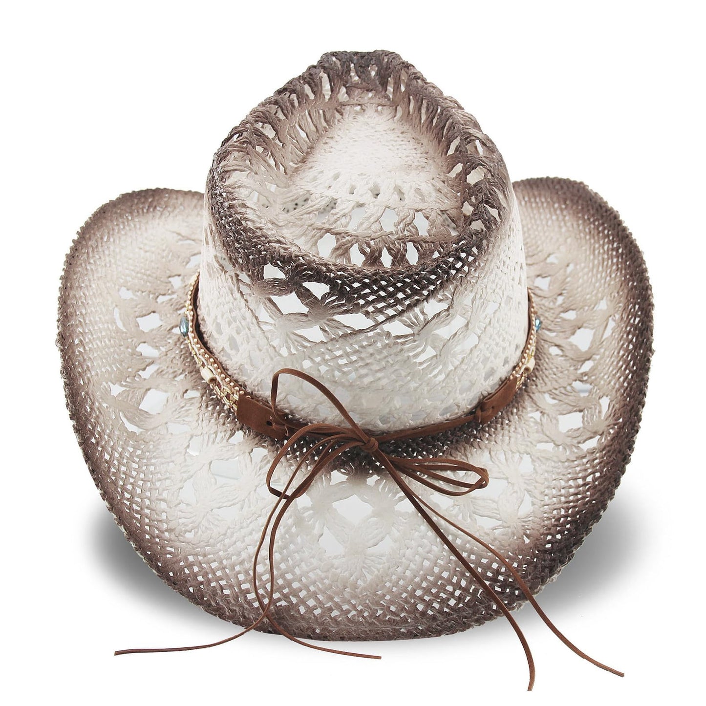 Energy Crystal | Men's Women's Straw Cowboy Hat Cowgirl Woven Sun Hat W/ 2 Decorative Bands | White - Foeran